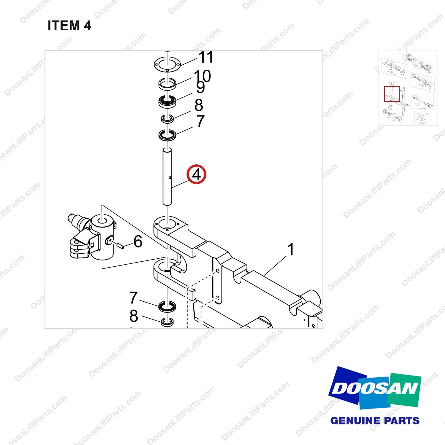 120501-05575 AXLE GROUP,STEER;STANDARD WHEEL,D70S-9 - parts diagram, item 4 shown - genuine Doosan / Bobcat forklift part