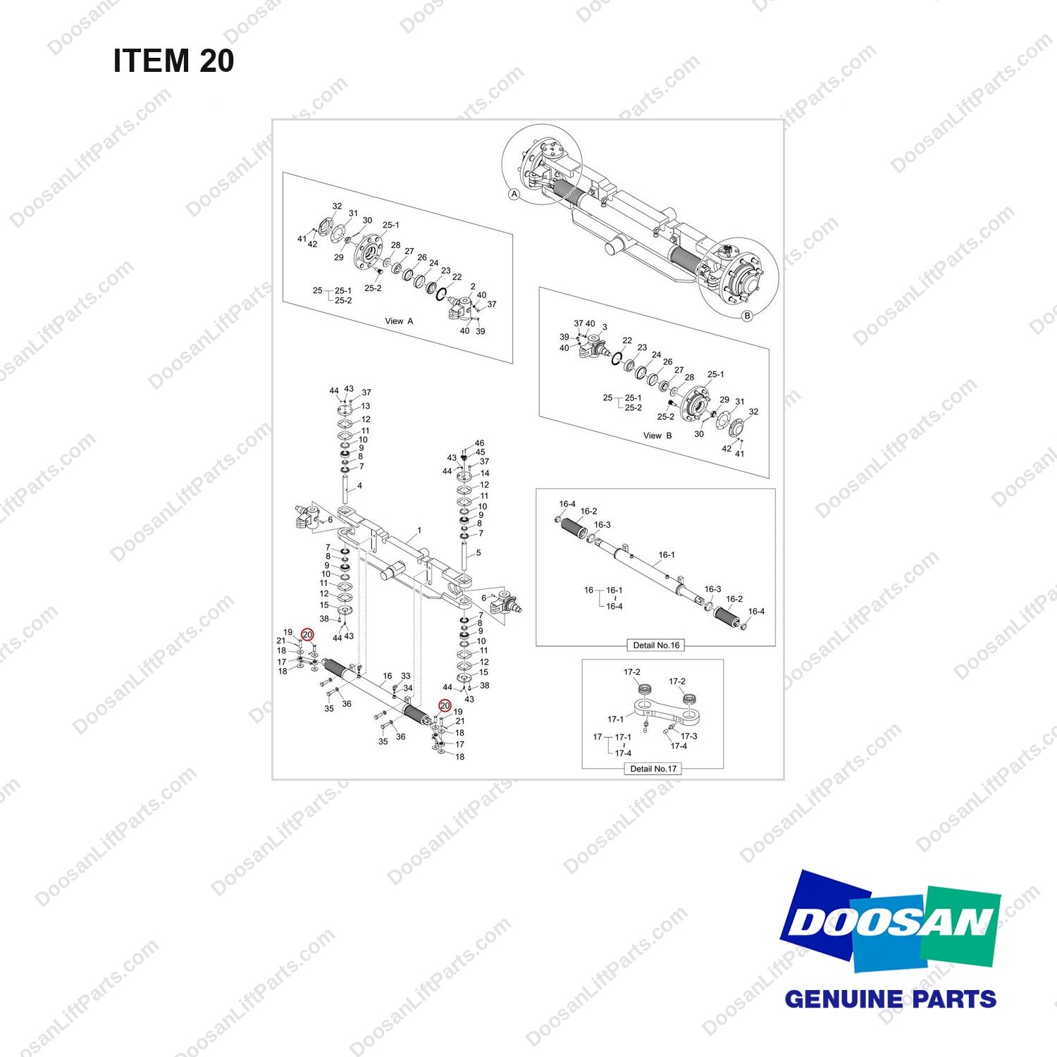 120501-06065 AXLE GROUP,STEER;STANDARD WHEEL,D90S-9 - full parts diagram, item 20 marked - genuine Doosan / Bobcat forklift part