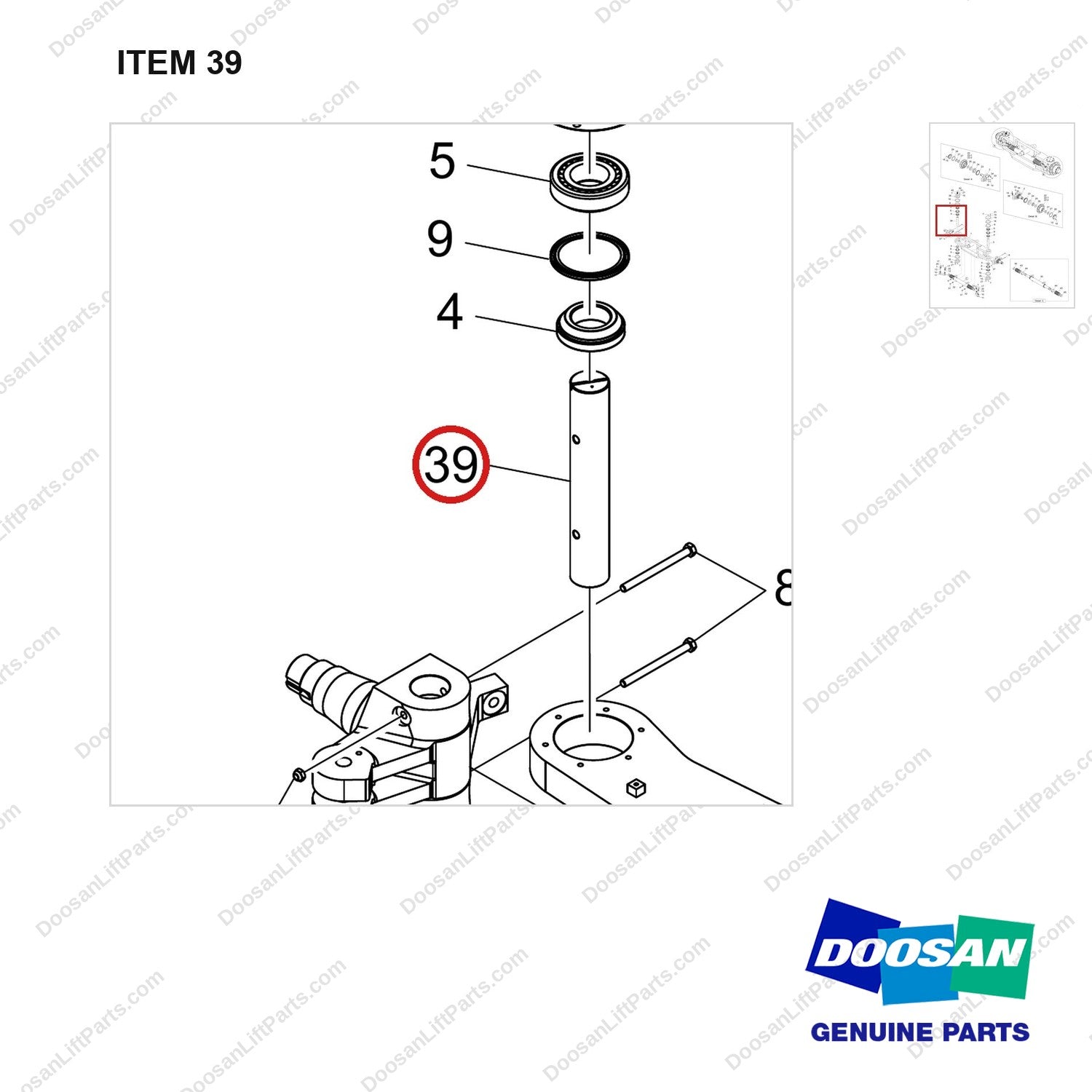 120501-06068 AXLE ASSY,STEER;W/ SENSOR,D100/120S - parts diagram, item 39 shown - genuine Doosan / Bobcat forklift part