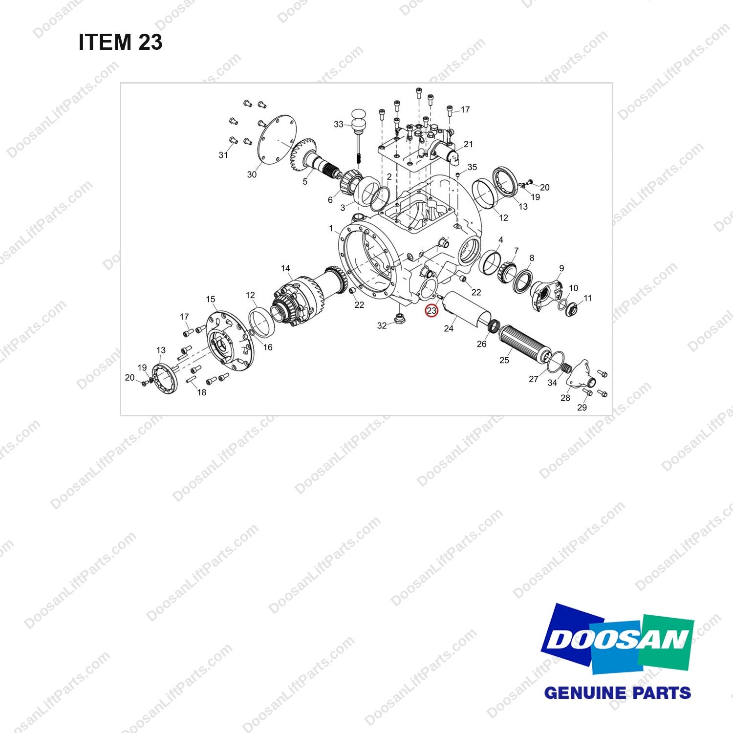 120501-06123 HOUSING,AXLE;MIDDLE - full parts diagram, item 23 marked - genuine Doosan / Bobcat forklift part