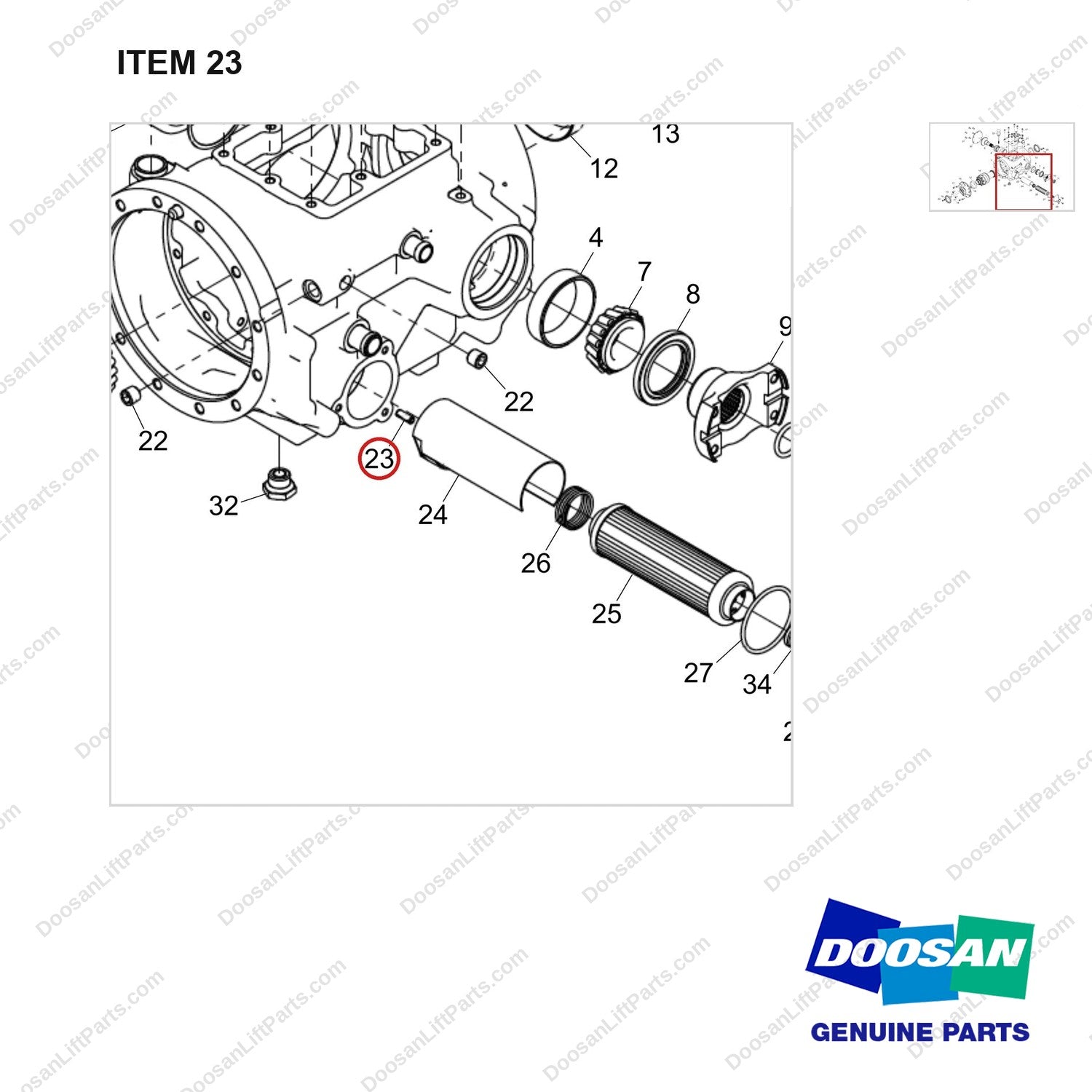 120501-06123 HOUSING,AXLE;MIDDLE - parts diagram, item 23 shown - genuine Doosan / Bobcat forklift part