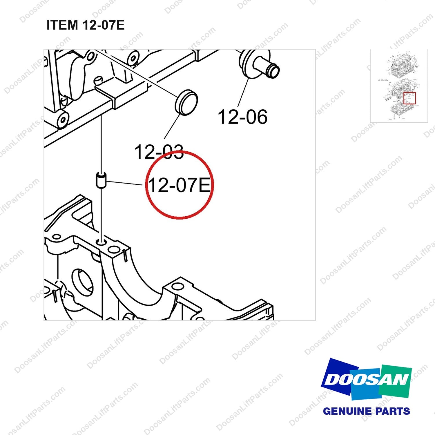 120501-06290 BLOCK ASSY,CYLINDER;DN03 - parts diagram, item 12-07E shown - genuine Doosan / Bobcat forklift part