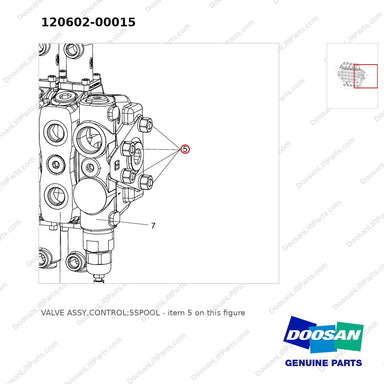 120602-00015 VALVE ASSY,CONTROL;5SPOOL - parts diagram, item 5 shown - genuine Doosan / Bobcat forklift part