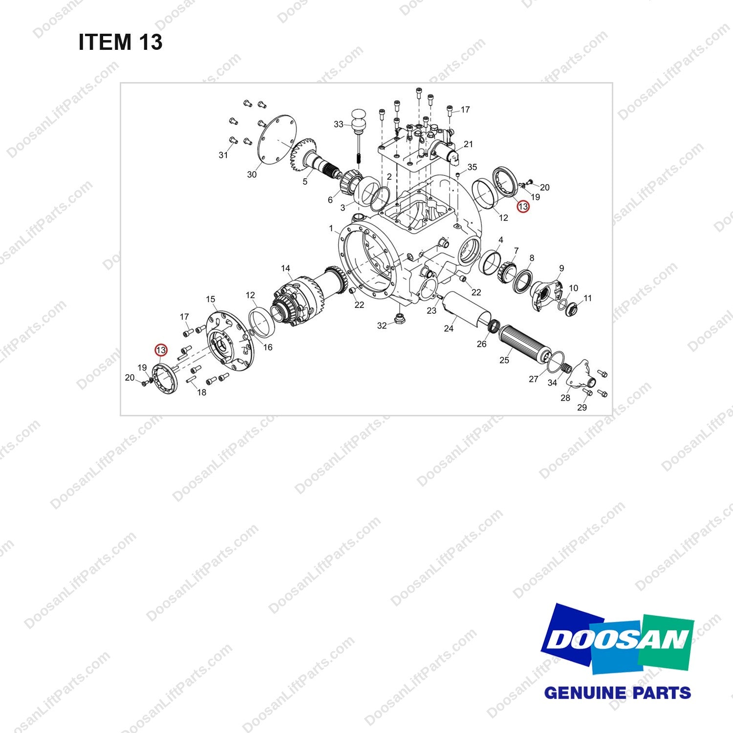 120702-00097 HOUSING,AXLE;MIDDLE - full parts diagram, item 13 marked - genuine Doosan / Bobcat forklift part