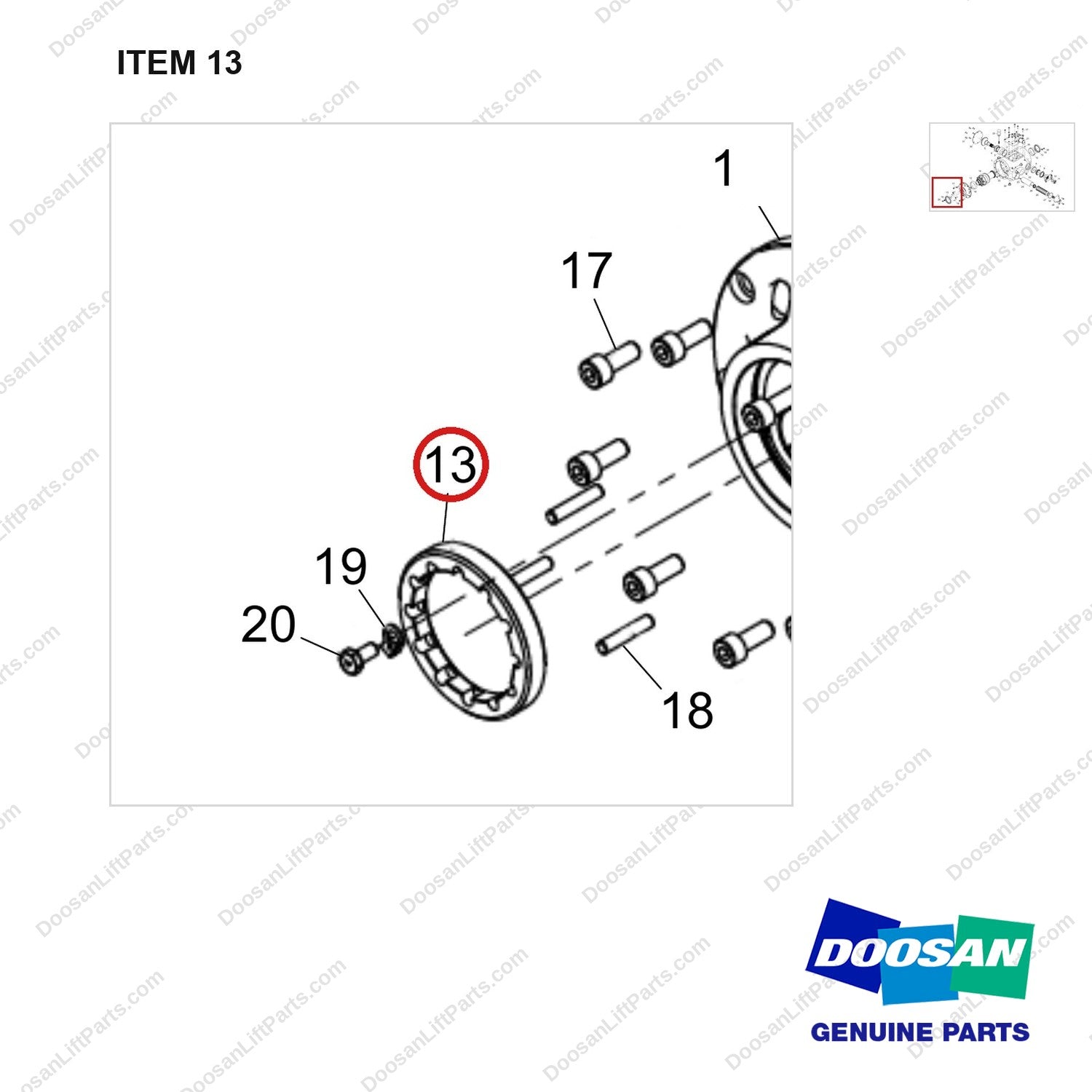 120702-00097 HOUSING,AXLE;MIDDLE - parts diagram, item 13 shown - genuine Doosan / Bobcat forklift part