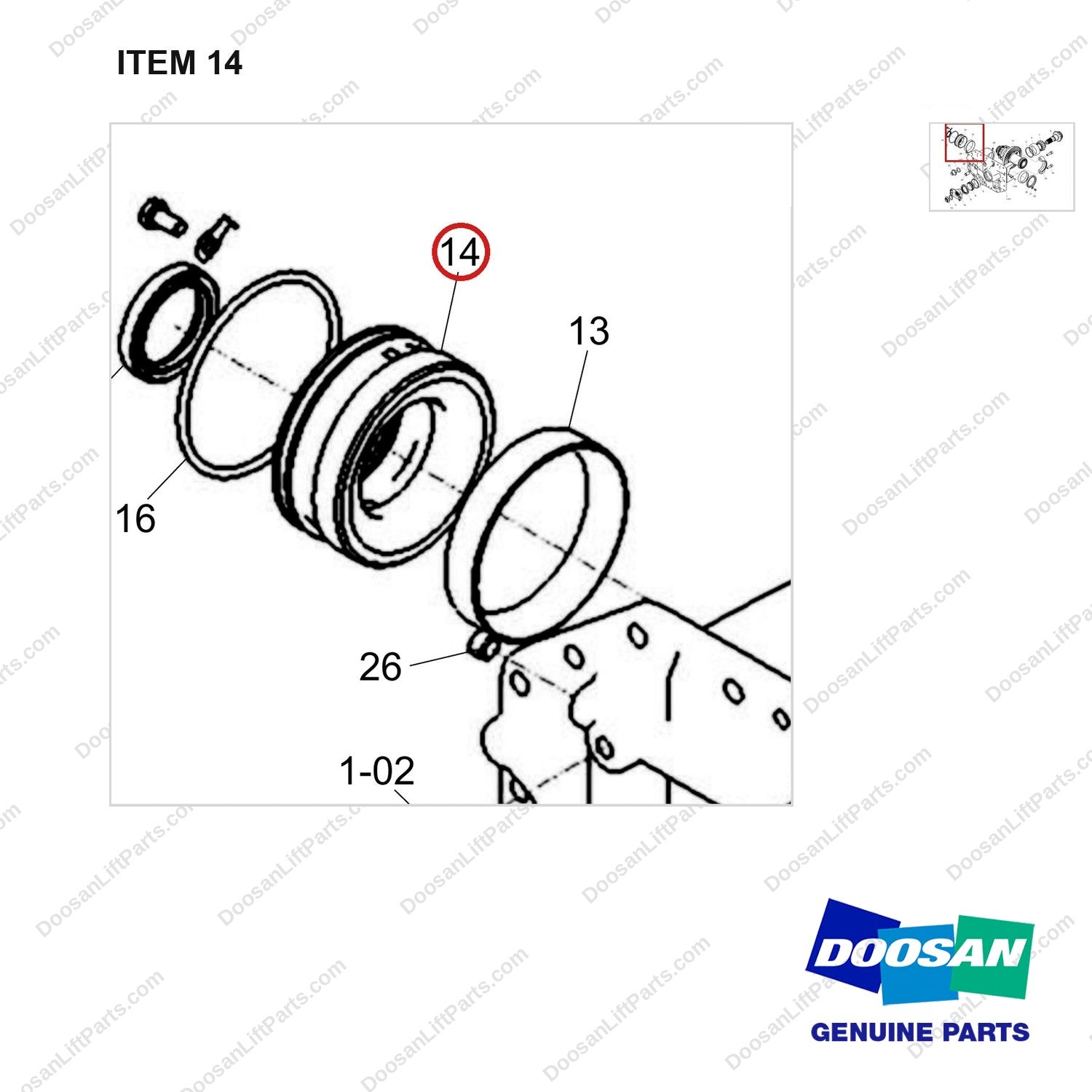 120702-00098 CARRIER ASSY;DIFF - parts diagram, item 14 shown - genuine Doosan / Bobcat forklift part