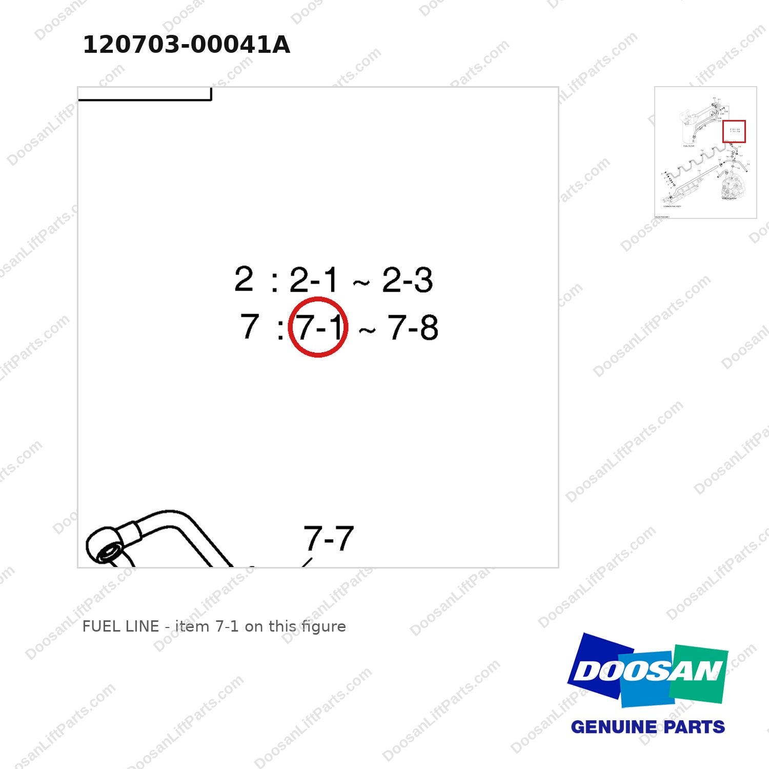 120703-00041A FUEL LINE - parts diagram, item 7-1 shown - genuine Doosan / Bobcat forklift part