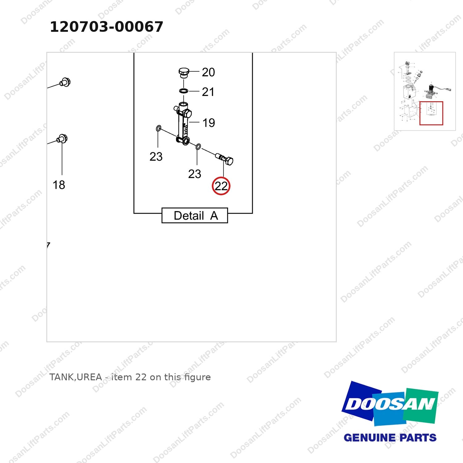 120703-00067 TANK,UREA - parts diagram, item 22 shown - genuine Doosan / Bobcat forklift part