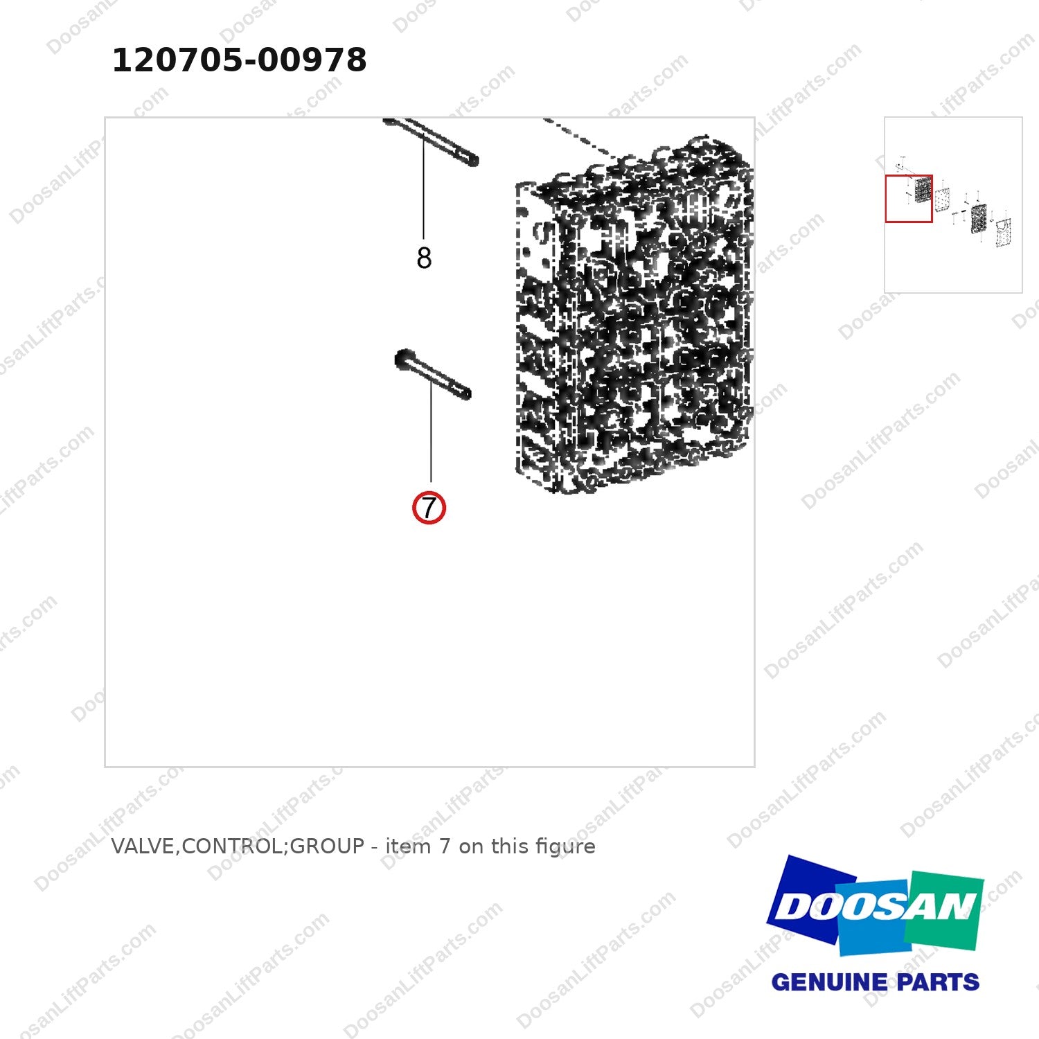 120705-00978 VALVE,CONTROL;GROUP - parts diagram, item 7 shown - genuine Doosan / Bobcat forklift part