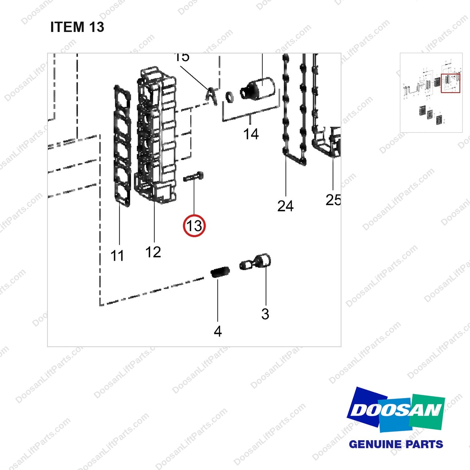 120705-00979 VALVE ASSY,CONTROL - parts diagram, item 13 shown - genuine Doosan / Bobcat forklift part