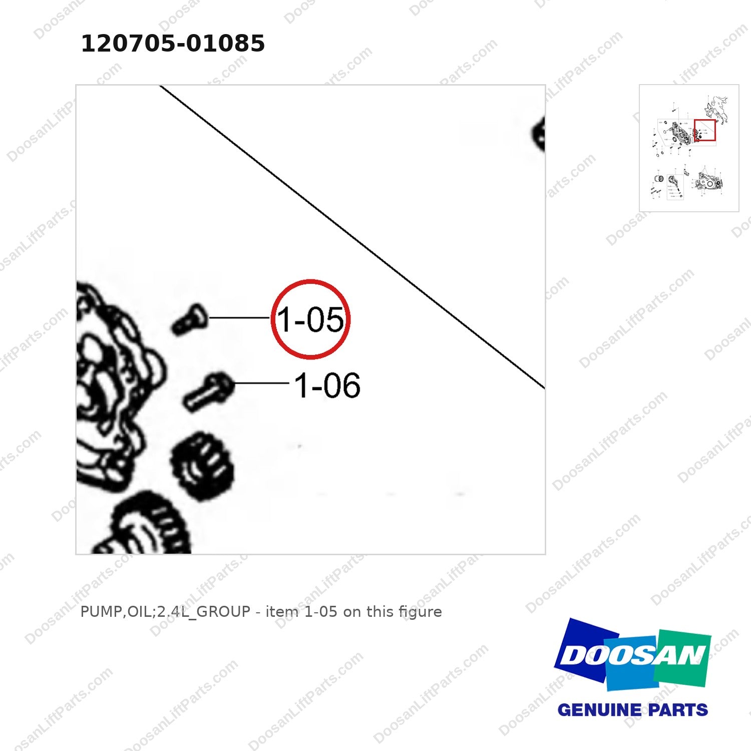 120705-01085 PUMP,OIL;2.4L_GROUP - parts diagram, item 1-05 shown - genuine Doosan / Bobcat forklift part
