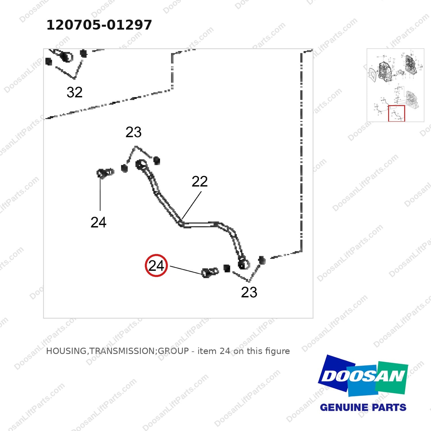120705-01297 HOUSING,TRANSMISSION;GROUP - parts diagram, item 24 shown - genuine Doosan / Bobcat forklift part