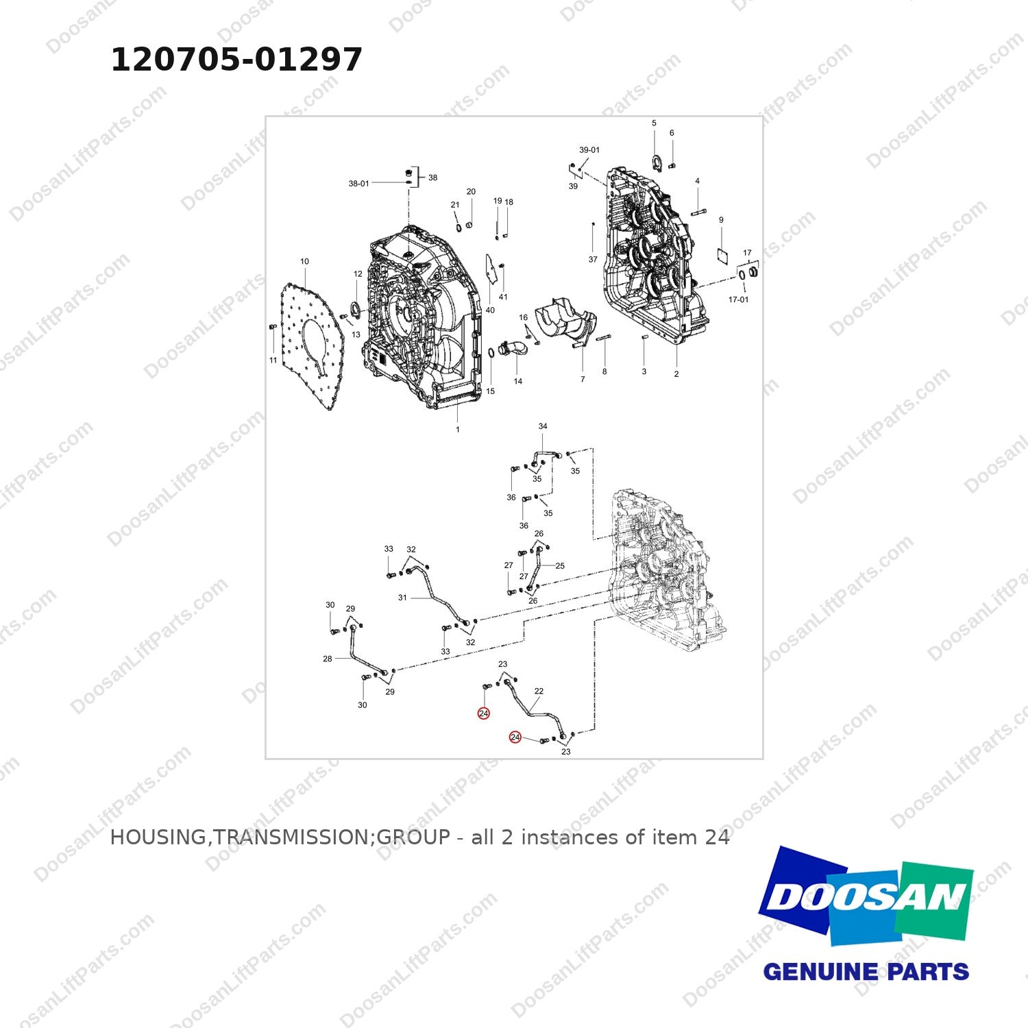 120705-01297 HOUSING,TRANSMISSION;GROUP - full parts diagram, item 24 marked - genuine Doosan / Bobcat forklift part