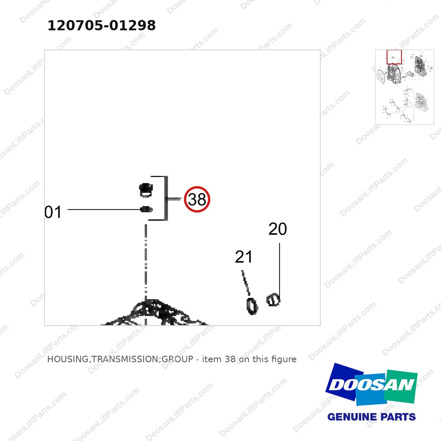 120705-01298 HOUSING,TRANSMISSION;GROUP - parts diagram, item 38 shown - genuine Doosan / Bobcat forklift part