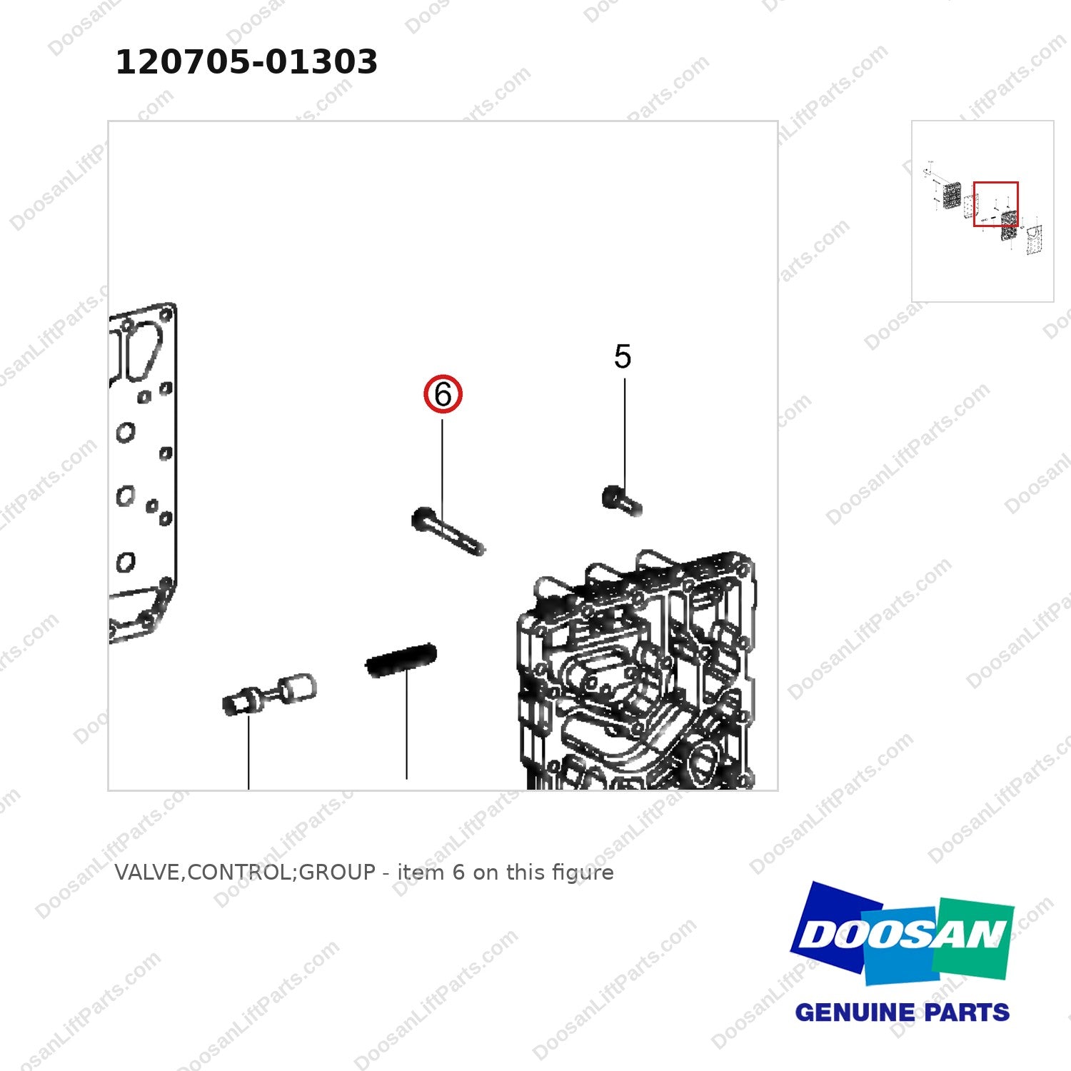 120705-01303 VALVE,CONTROL;GROUP - parts diagram, item 6 shown - genuine Doosan / Bobcat forklift part