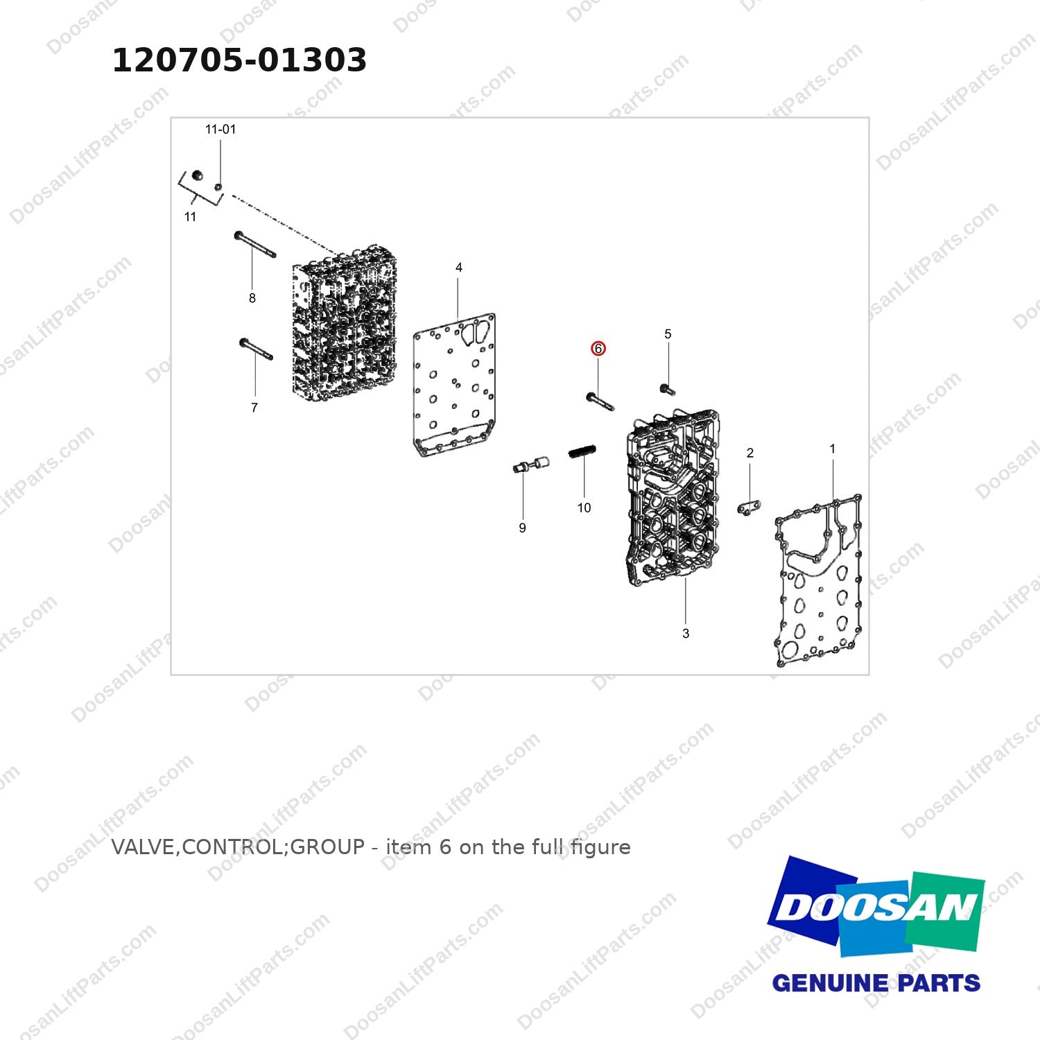 120705-01303 VALVE,CONTROL;GROUP - full parts diagram, item 6 marked - genuine Doosan / Bobcat forklift part