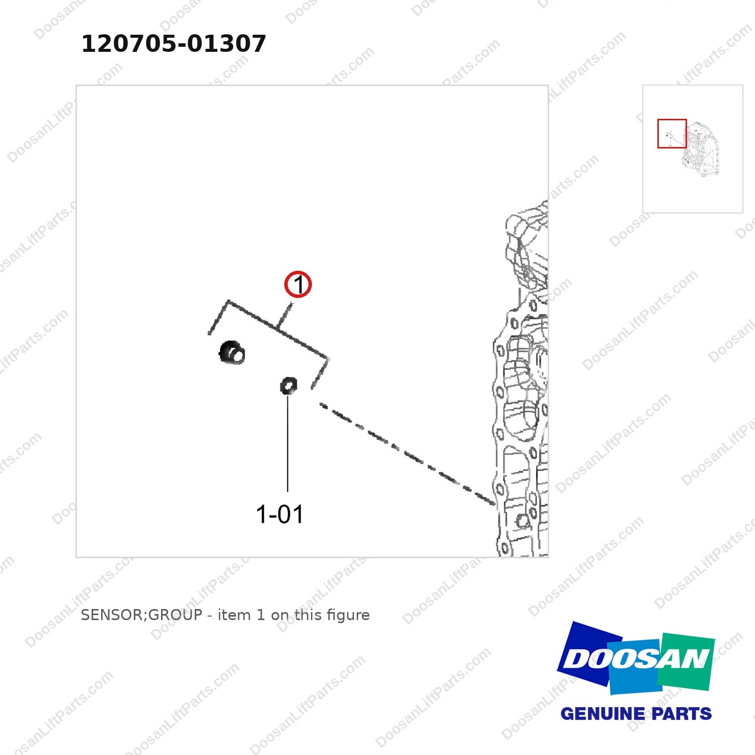 120705-01307 SENSOR;GROUP - parts diagram, item 1 shown - genuine Doosan / Bobcat forklift part