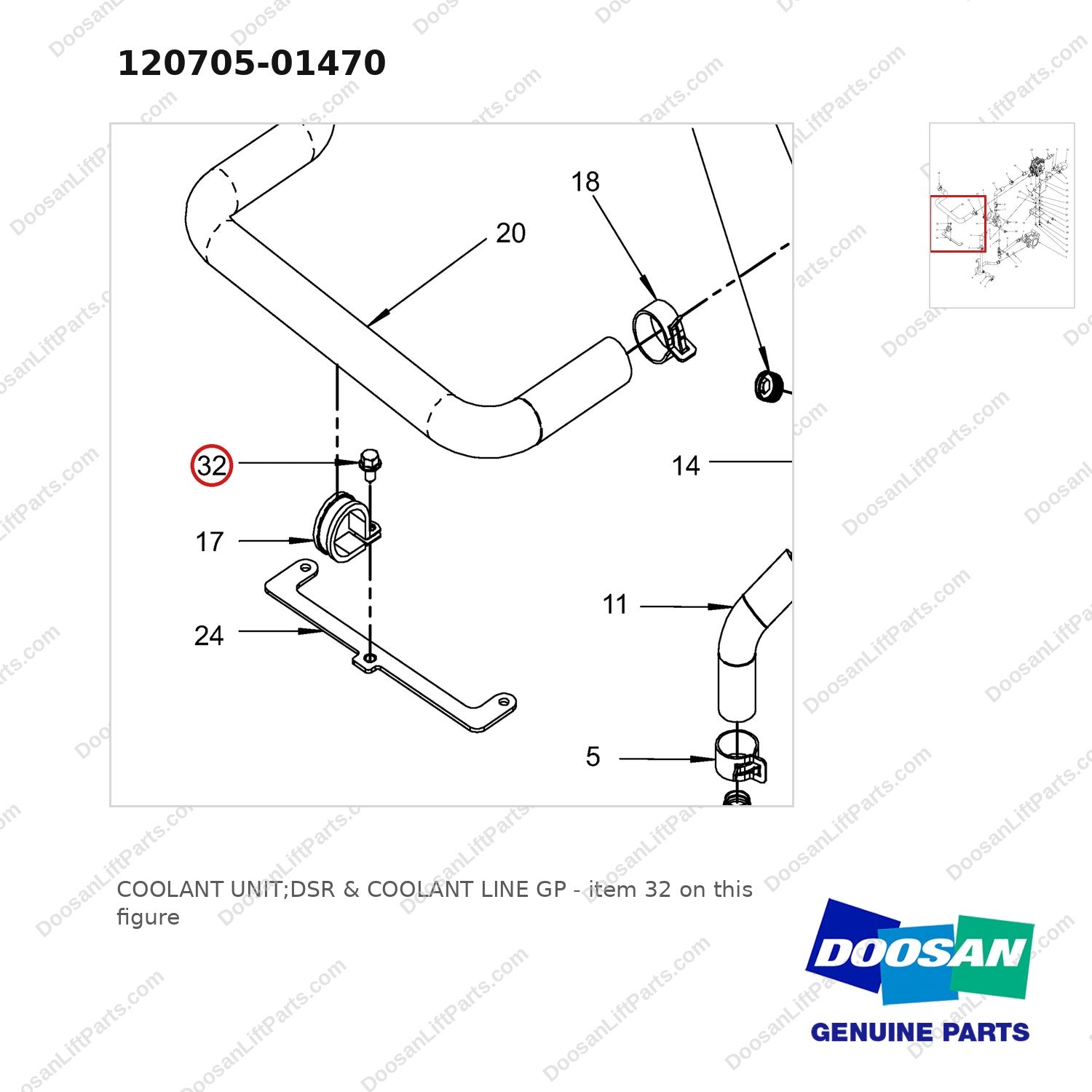 120705-01470 COOLANT UNIT;DSR & COOLANT LINE GP - parts diagram, item 32 shown - genuine Doosan / Bobcat forklift part