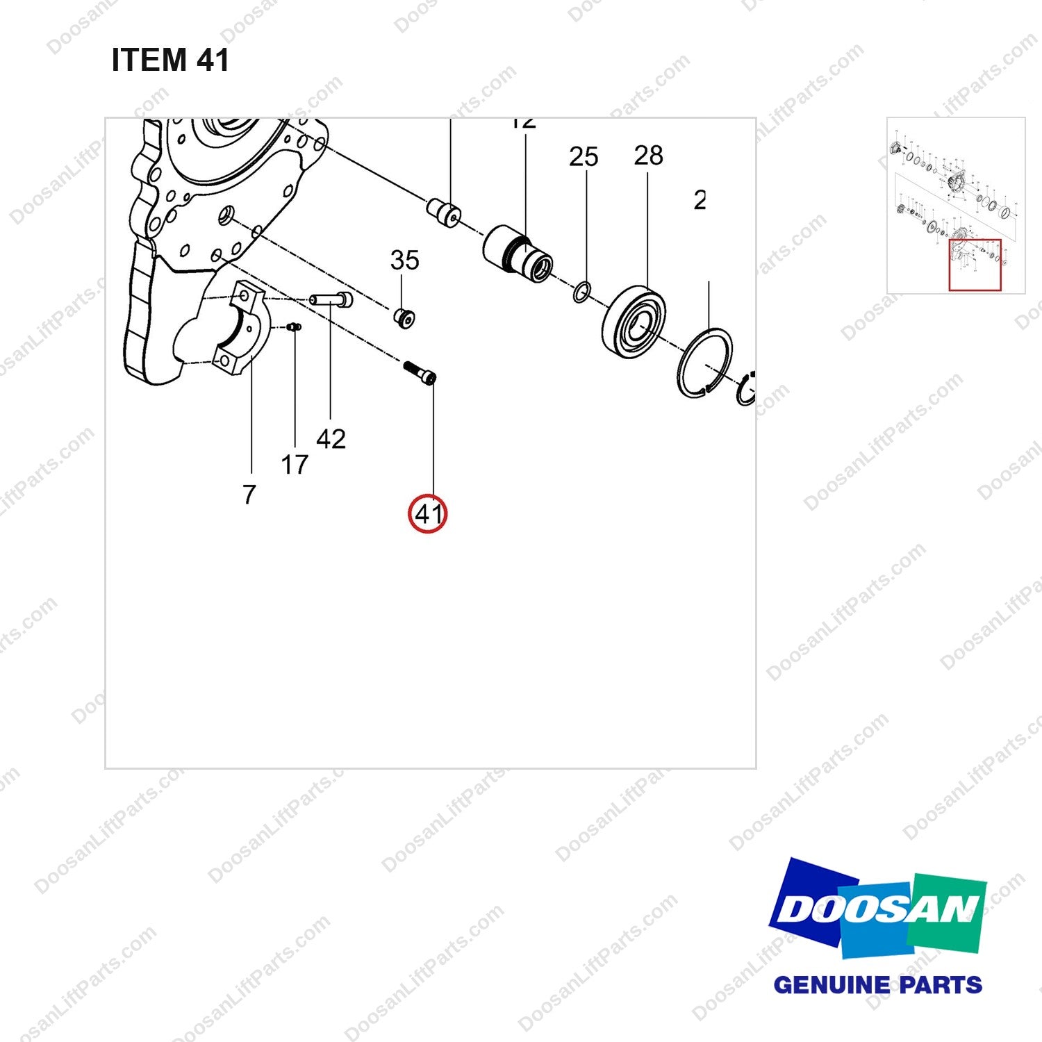 120705-01562 AXLE ASSY,DRIVE;RH - parts diagram, item 41 shown - genuine Doosan / Bobcat forklift part