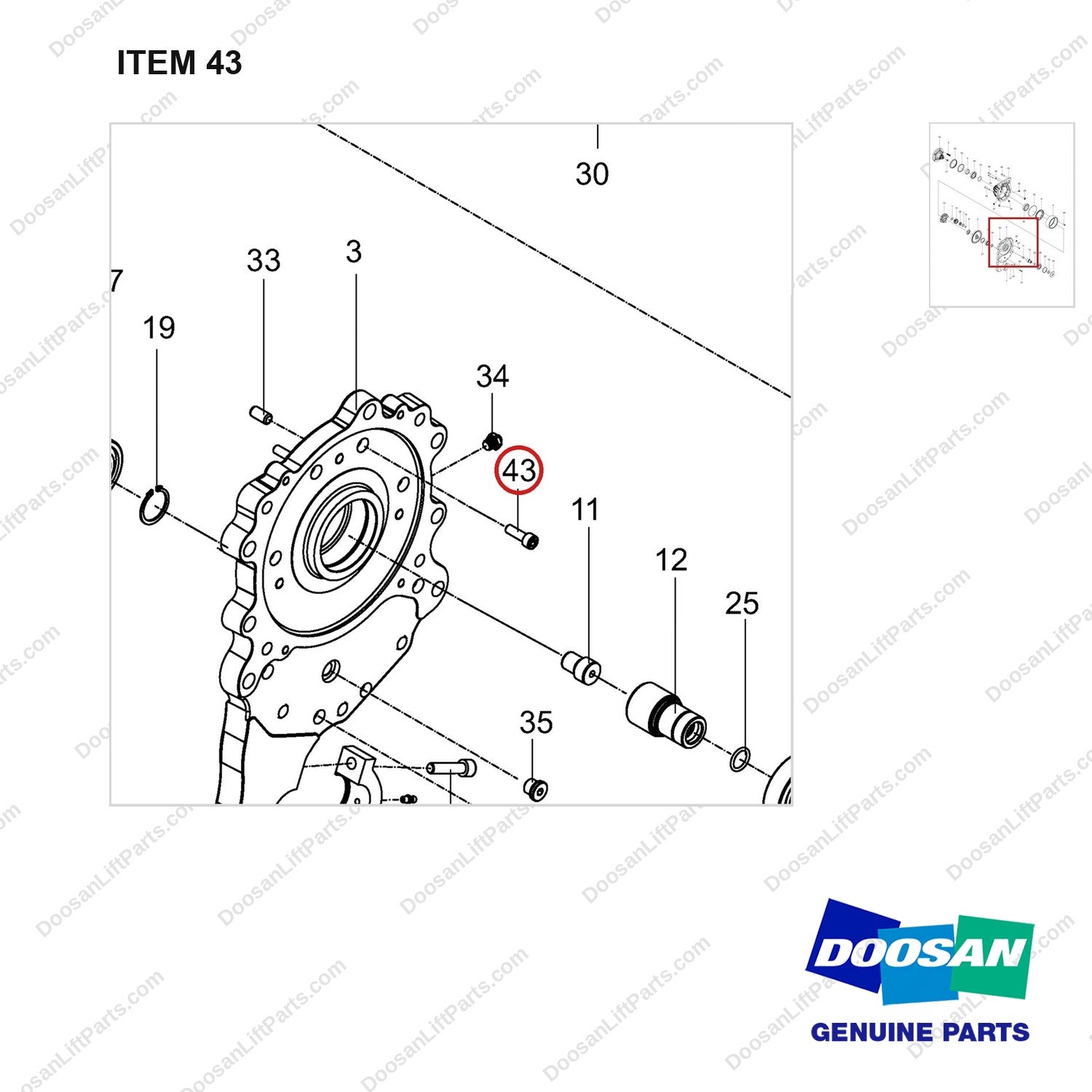 120705-01564 AXLE ASSY,DRIVE;RH - parts diagram, item 43 shown - genuine Doosan / Bobcat forklift part