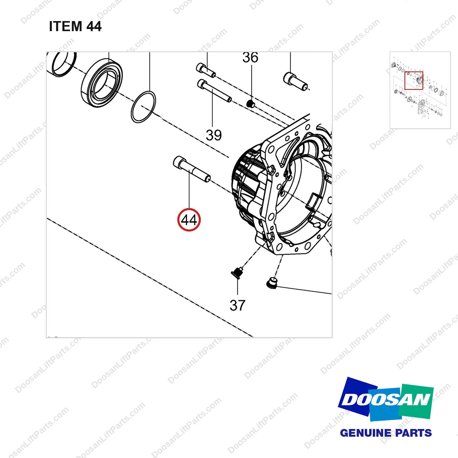 120705-01565 AXLE ASSY,DRIVE;RH - parts diagram, item 44 shown - genuine Doosan / Bobcat forklift part
