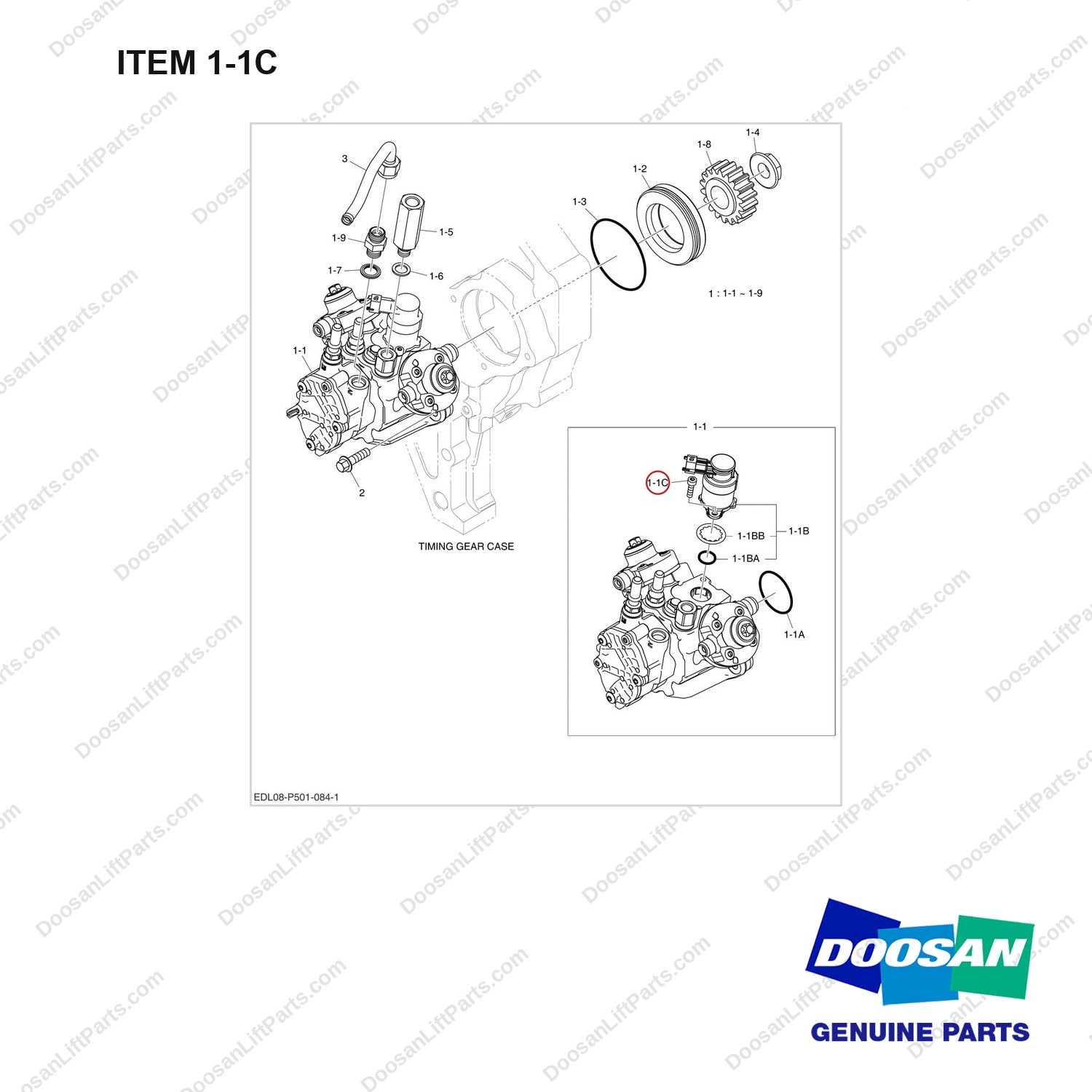 120705-01586 INJECTION PUMP - full parts diagram, item 1-1C marked - genuine Doosan / Bobcat forklift part