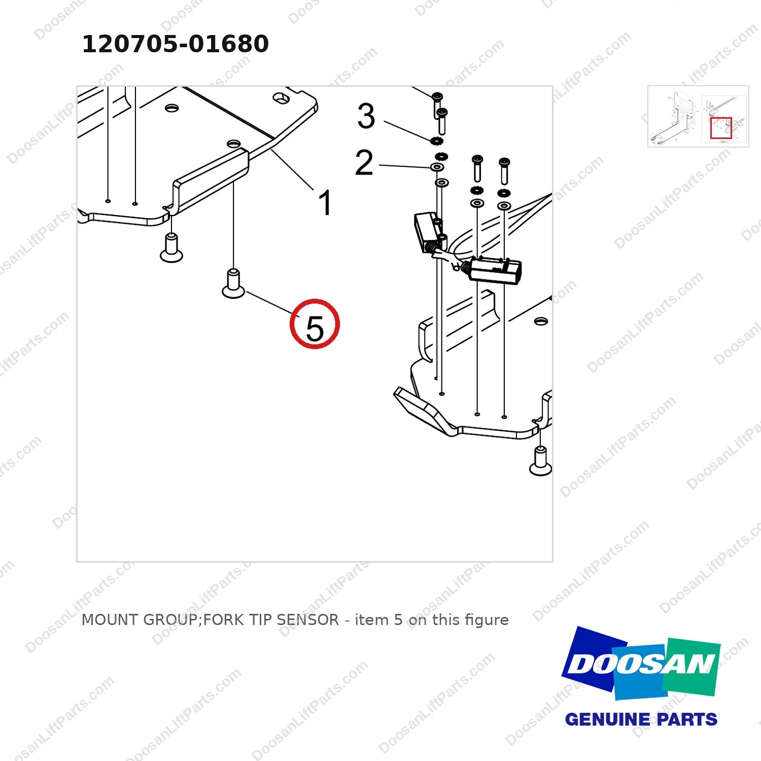 120705-01680 MOUNT GROUP;FORK TIP SENSOR - parts diagram, item 5 shown - genuine Doosan / Bobcat forklift part
