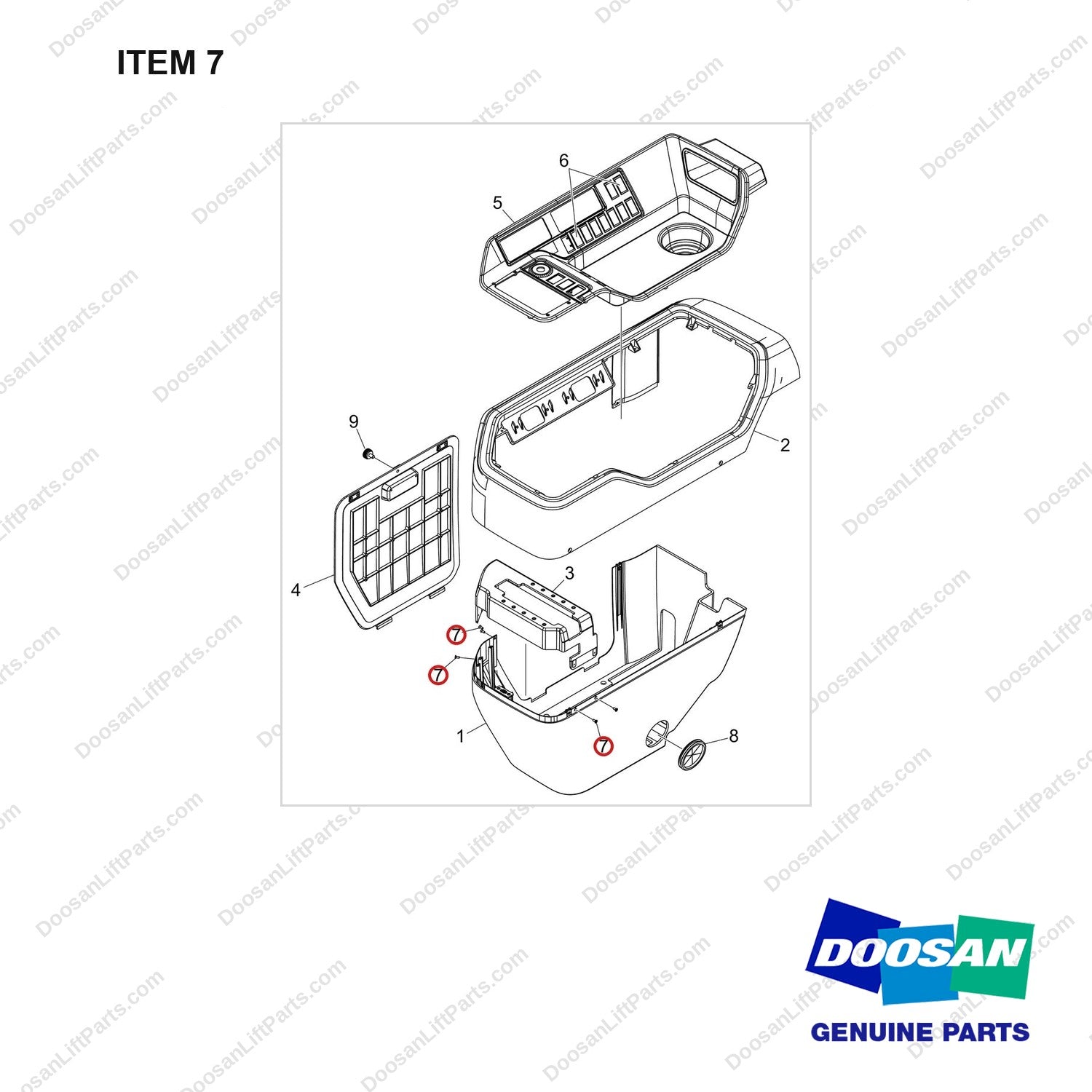 120705-01750 COVER GROUP;PILOT BOX,D160 - full parts diagram, item 7 marked - genuine Doosan / Bobcat forklift part