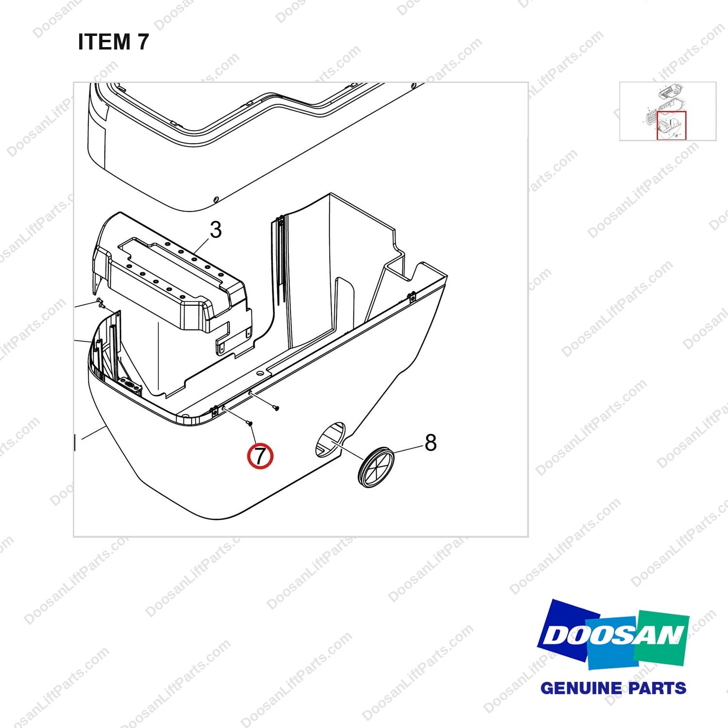 120705-01750 COVER GROUP;PILOT BOX,D160 - parts diagram, item 7 shown - genuine Doosan / Bobcat forklift part