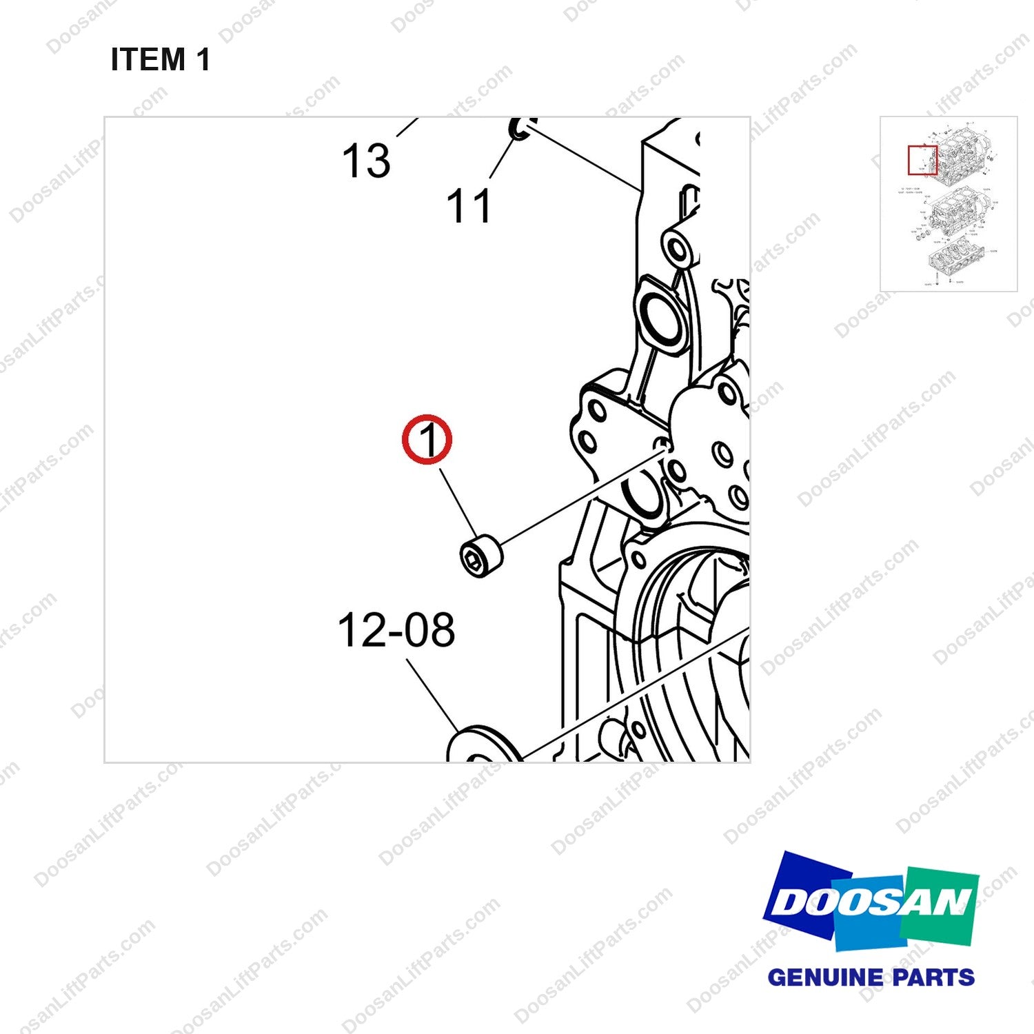 120705-01806 BLOCK ASSY,CYLINDER;DN03 - parts diagram, item 1 shown - genuine Doosan / Bobcat forklift part
