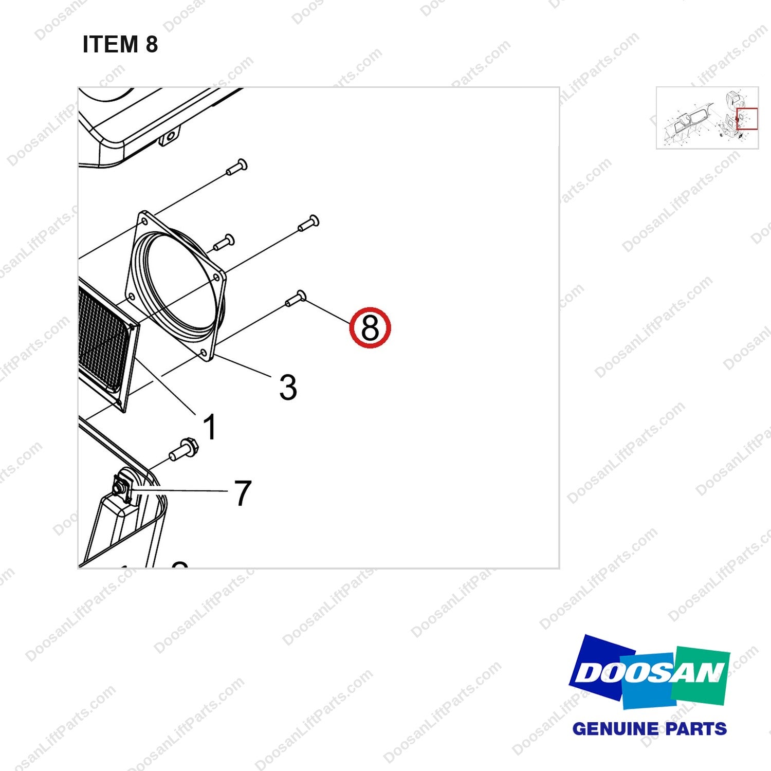 120707-00032 CONSOLE COVER;WITH HEATER - parts diagram, item 8 shown - genuine Doosan / Bobcat forklift part
