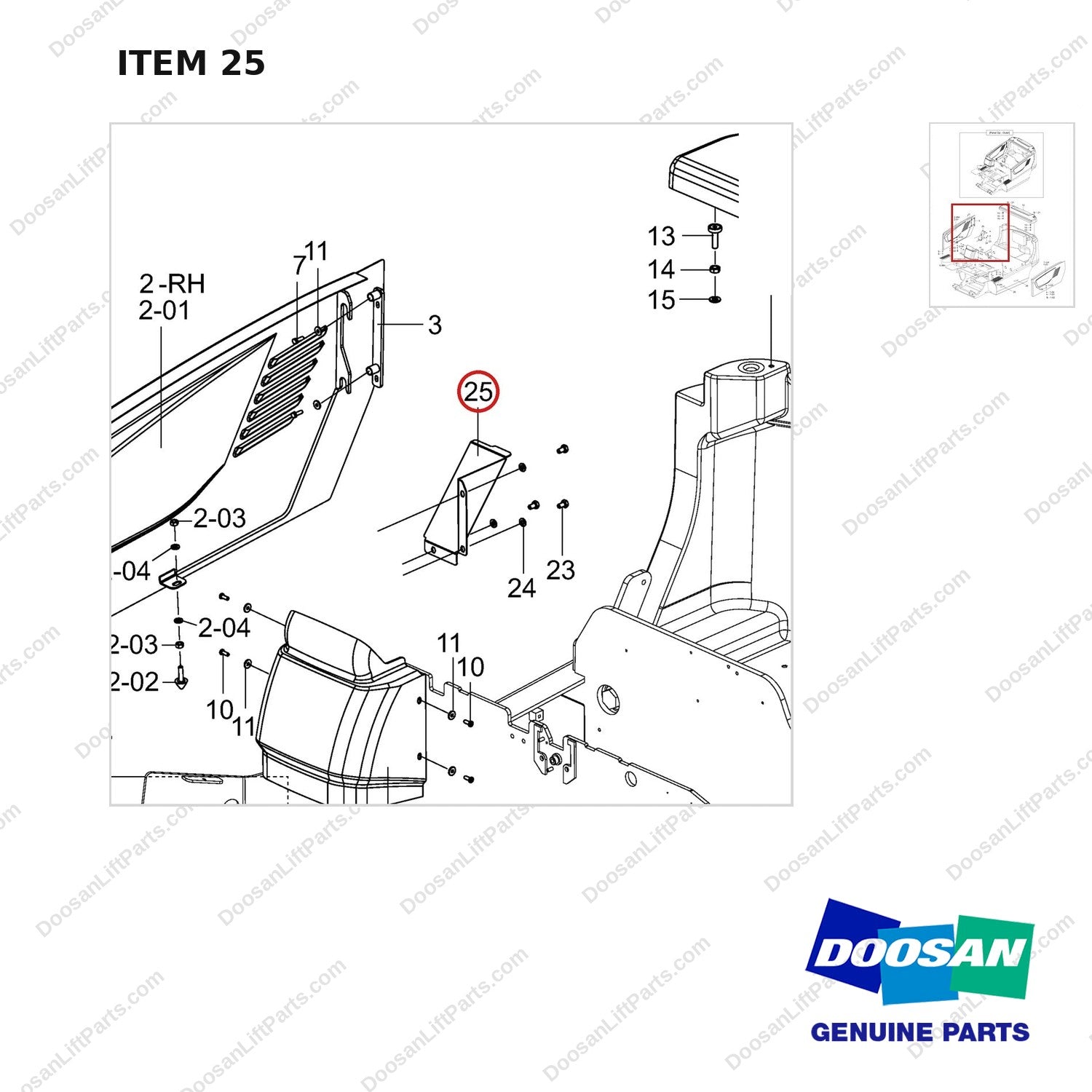 120804-00165 CHASSIS PANEL;OUTER, B35X - parts diagram, item 25 shown - genuine Doosan / Bobcat forklift part