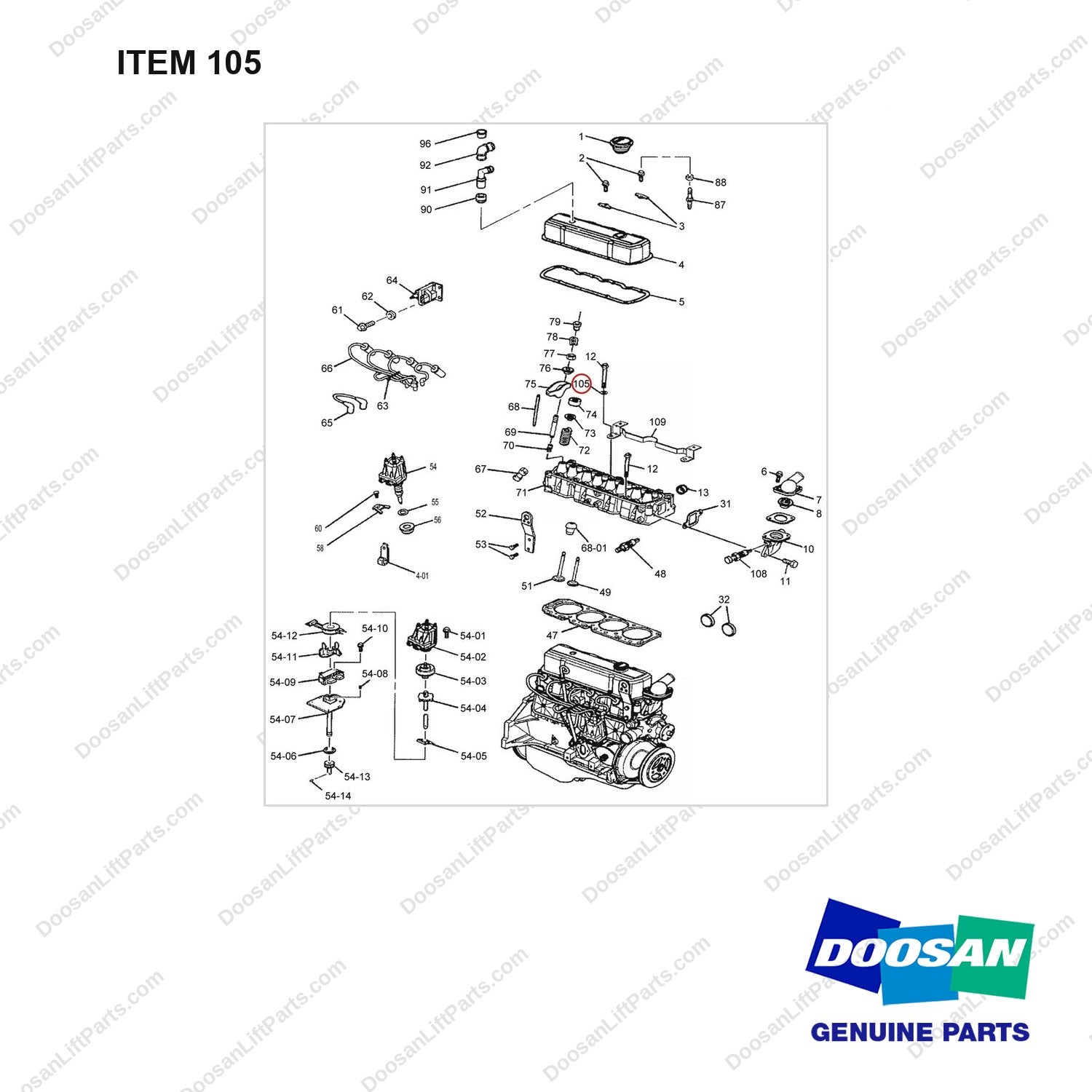 120808-00436 BASE ENGINE GROUP_01;GM3.0L - full parts diagram, item 105 marked - genuine Doosan / Bobcat forklift part