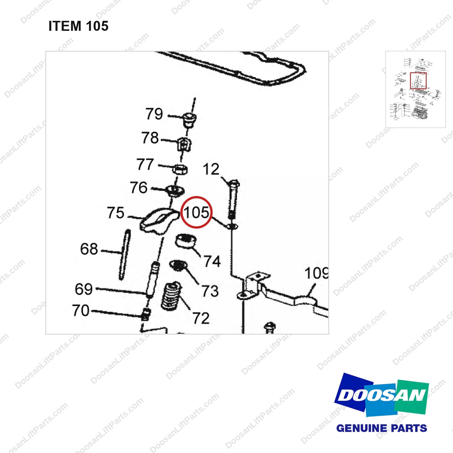 120808-00436 BASE ENGINE GROUP_01;GM3.0L - parts diagram, item 105 shown - genuine Doosan / Bobcat forklift part