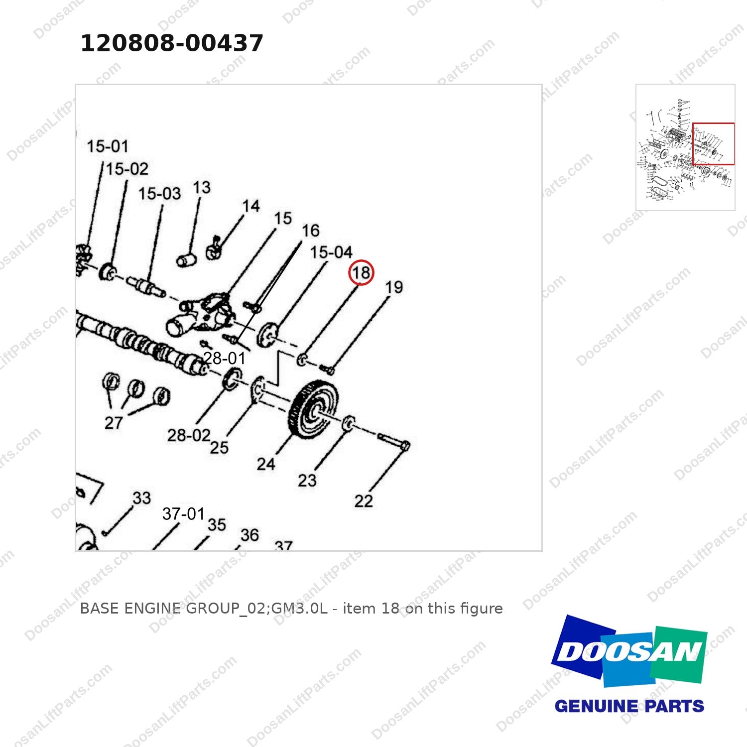 120808-00437 BASE ENGINE GROUP_02;GM3.0L - parts diagram, item 18 shown - genuine Doosan / Bobcat forklift part