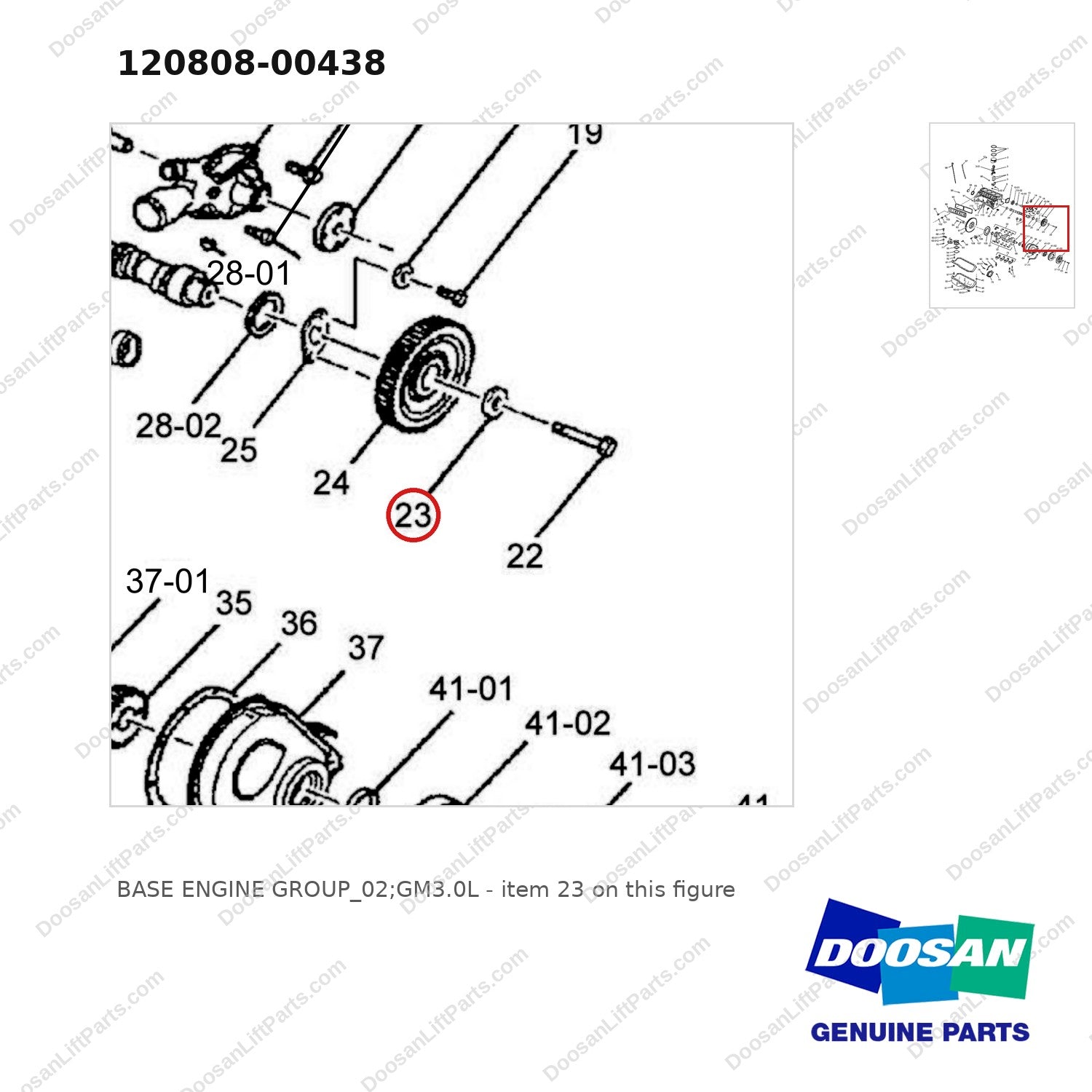 120808-00438 BASE ENGINE GROUP_02;GM3.0L - parts diagram, item 23 shown - genuine Doosan / Bobcat forklift part