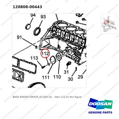120808-00443 BASE ENGINE GROUP_02;GM3.0L - parts diagram, item 112 shown - genuine Doosan / Bobcat forklift part