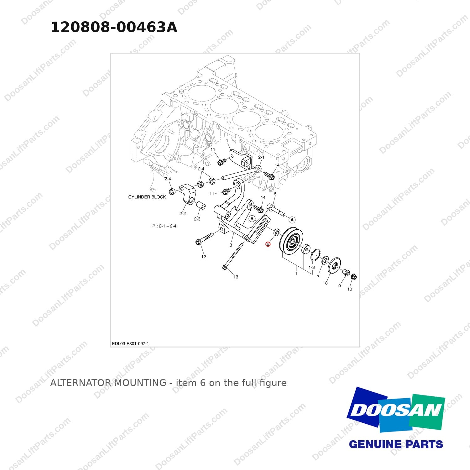 120808-00463A ALTERNATOR MOUNTING - full parts diagram, item 6 marked - genuine Doosan / Bobcat forklift part