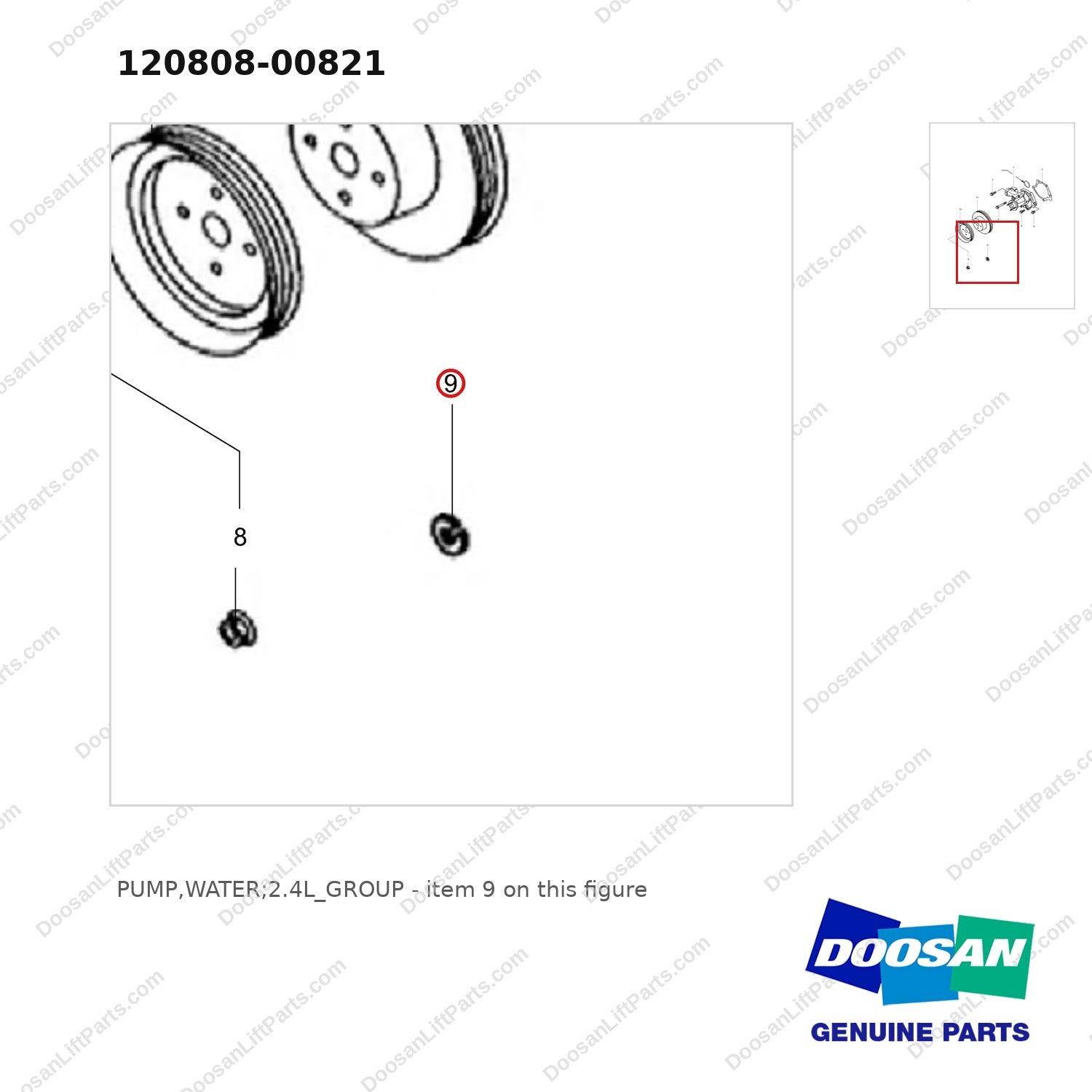 120808-00821 PUMP,WATER;2.4L_GROUP - parts diagram, item 9 shown - genuine Doosan / Bobcat forklift part