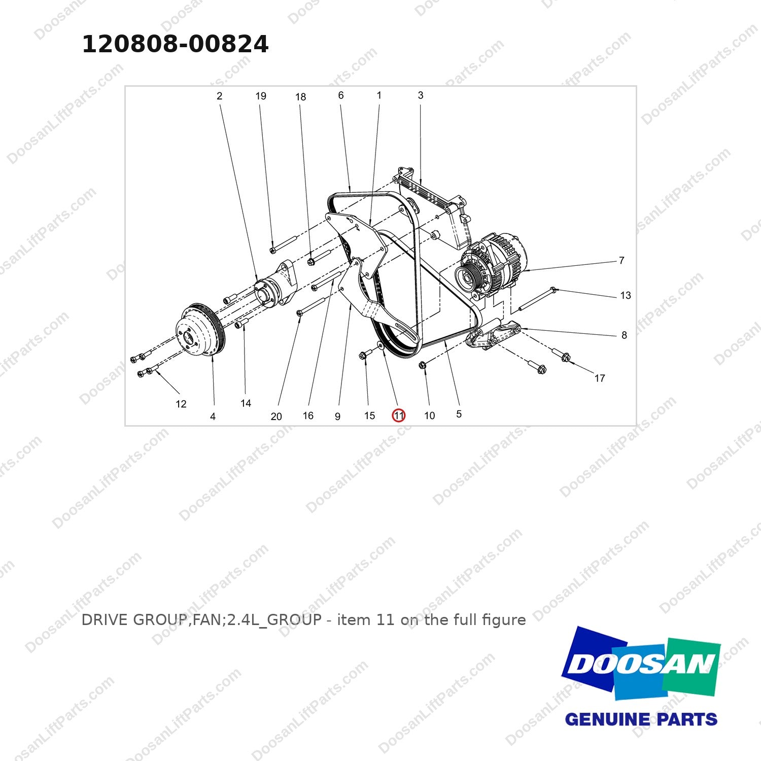 120808-00824 DRIVE GROUP,FAN;2.4L_GROUP - full parts diagram, item 11 marked - genuine Doosan / Bobcat forklift part
