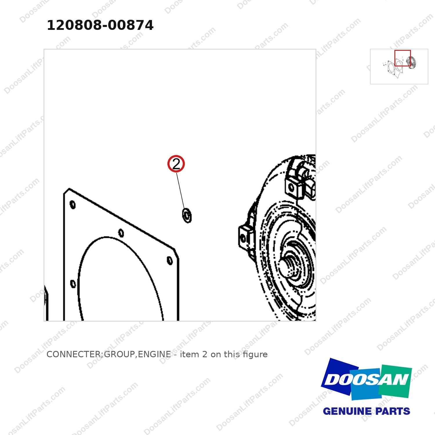 120808-00874 CONNECTER;GROUP,ENGINE - parts diagram, item 2 shown - genuine Doosan / Bobcat forklift part