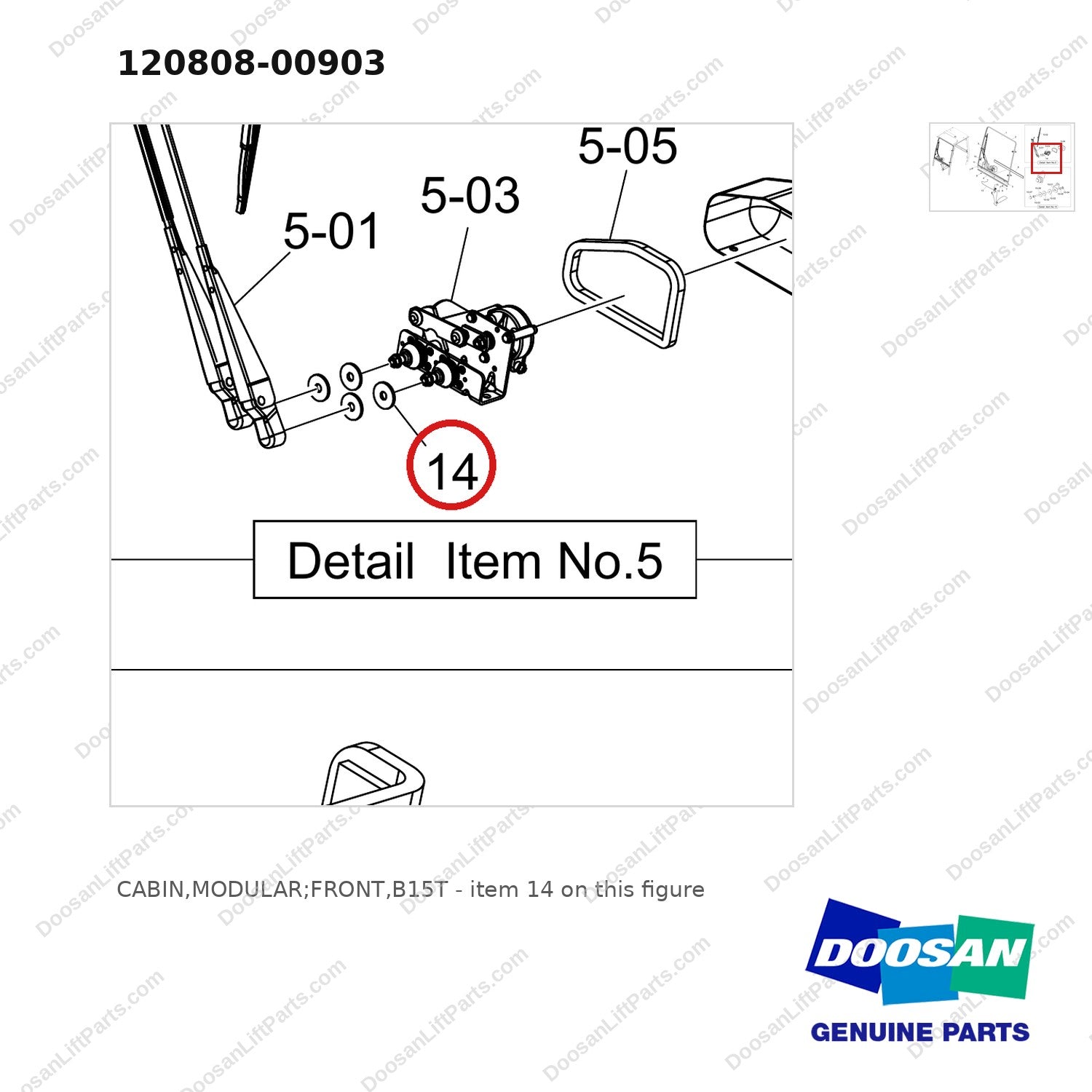 120808-00903 CABIN,MODULAR;FRONT,B15T - parts diagram, item 14 shown - genuine Doosan / Bobcat forklift part