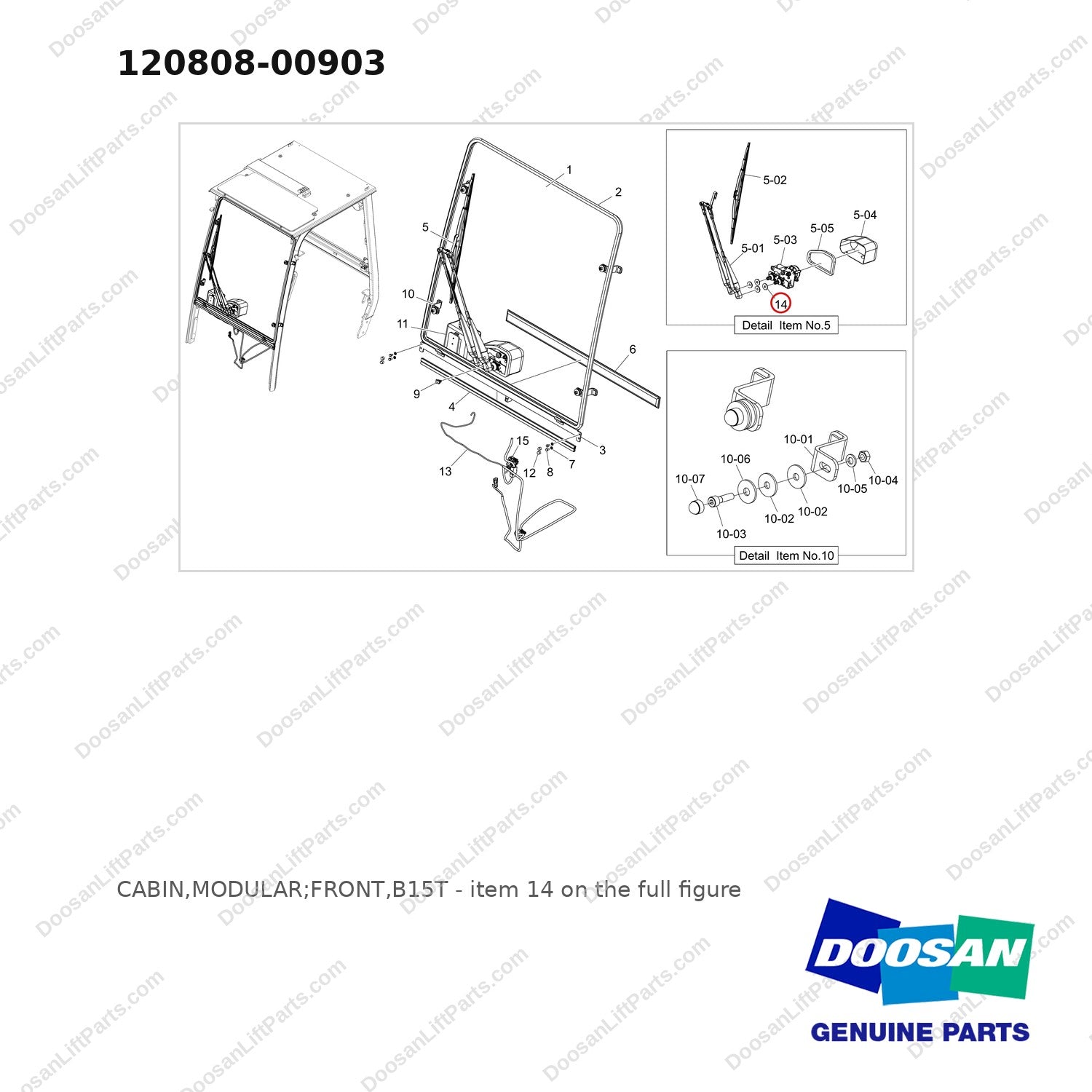120808-00903 CABIN,MODULAR;FRONT,B15T - full parts diagram, item 14 marked - genuine Doosan / Bobcat forklift part