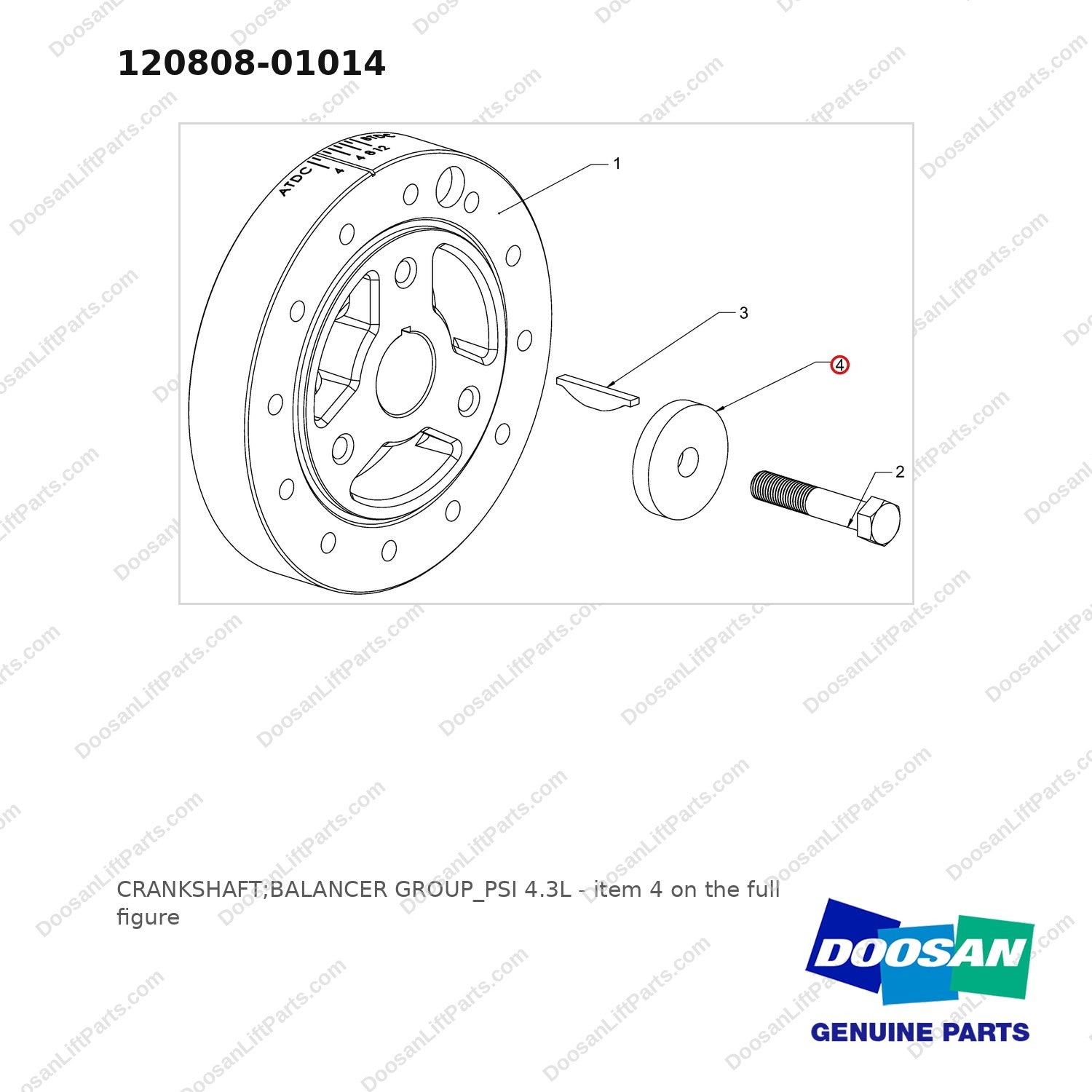 120808-01014 CRANKSHAFT;BALANCER GROUP_PSI 4.3L - full parts diagram, item 4 marked - genuine Doosan / Bobcat forklift part