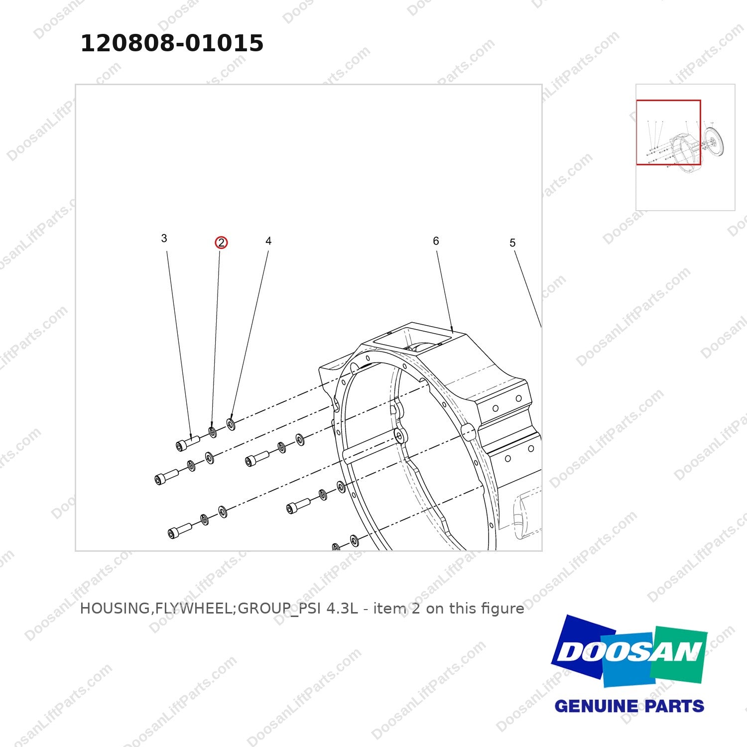 120808-01015 HOUSING,FLYWHEEL;GROUP_PSI 4.3L - parts diagram, item 2 shown - genuine Doosan / Bobcat forklift part