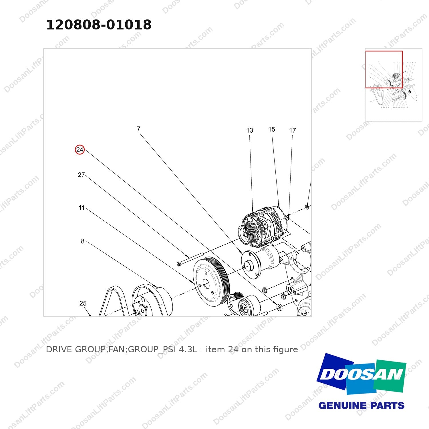 120808-01018 DRIVE GROUP,FAN;GROUP_PSI 4.3L - parts diagram, item 24 shown - genuine Doosan / Bobcat forklift part