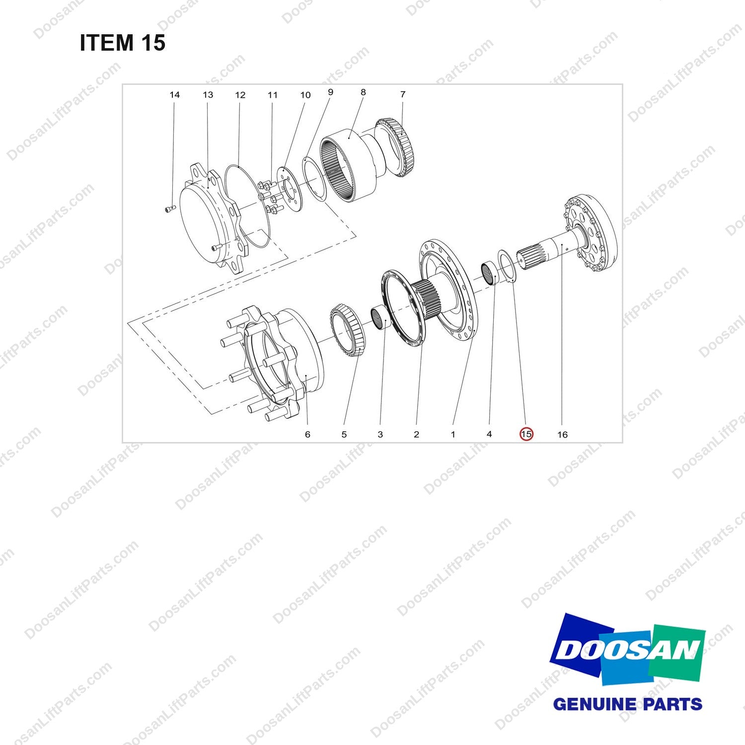 120808-01145 HUB ASSY - full parts diagram, item 15 marked - genuine Doosan / Bobcat forklift part