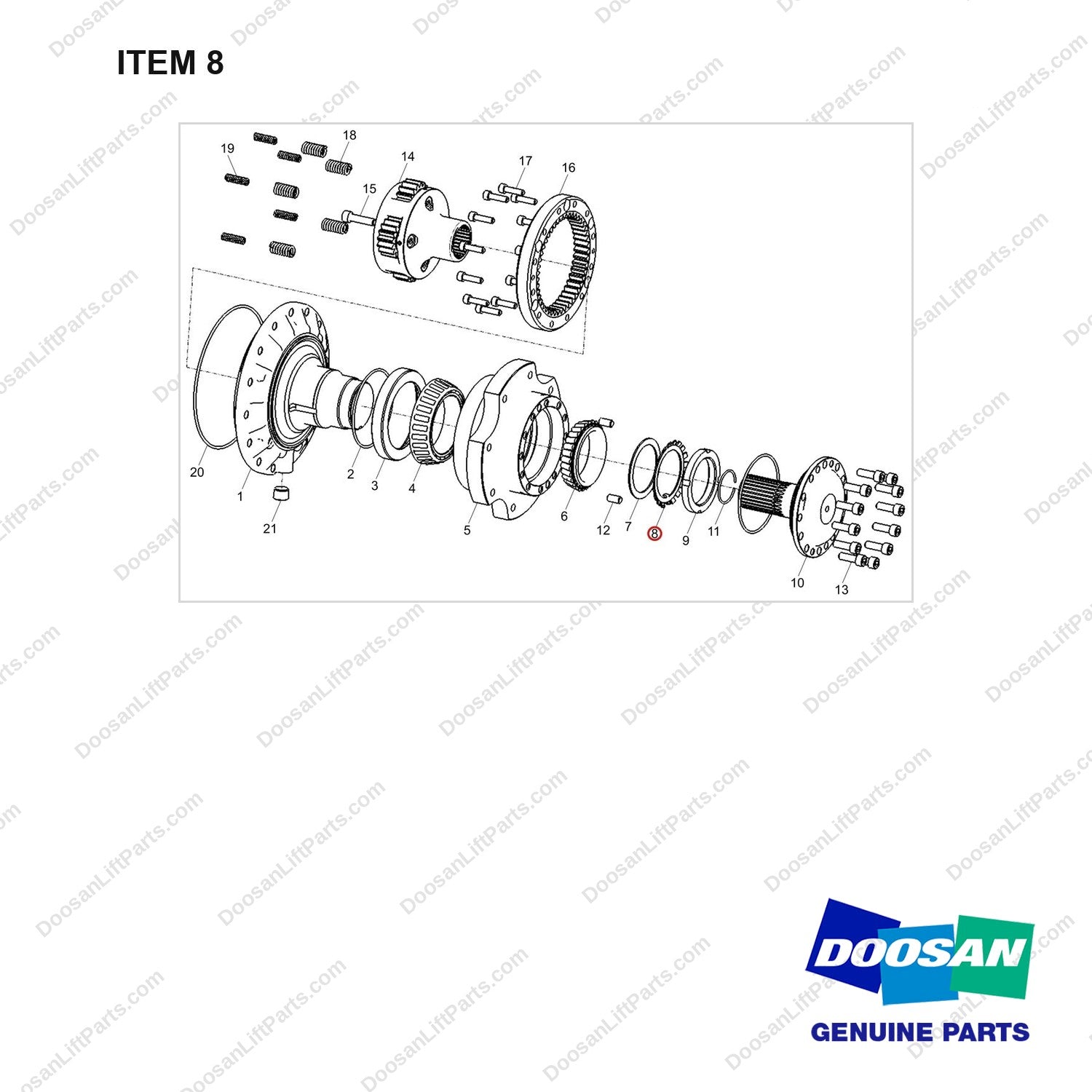 120808-01149 HUB ASSY - full parts diagram, item 8 marked - genuine Doosan / Bobcat forklift part