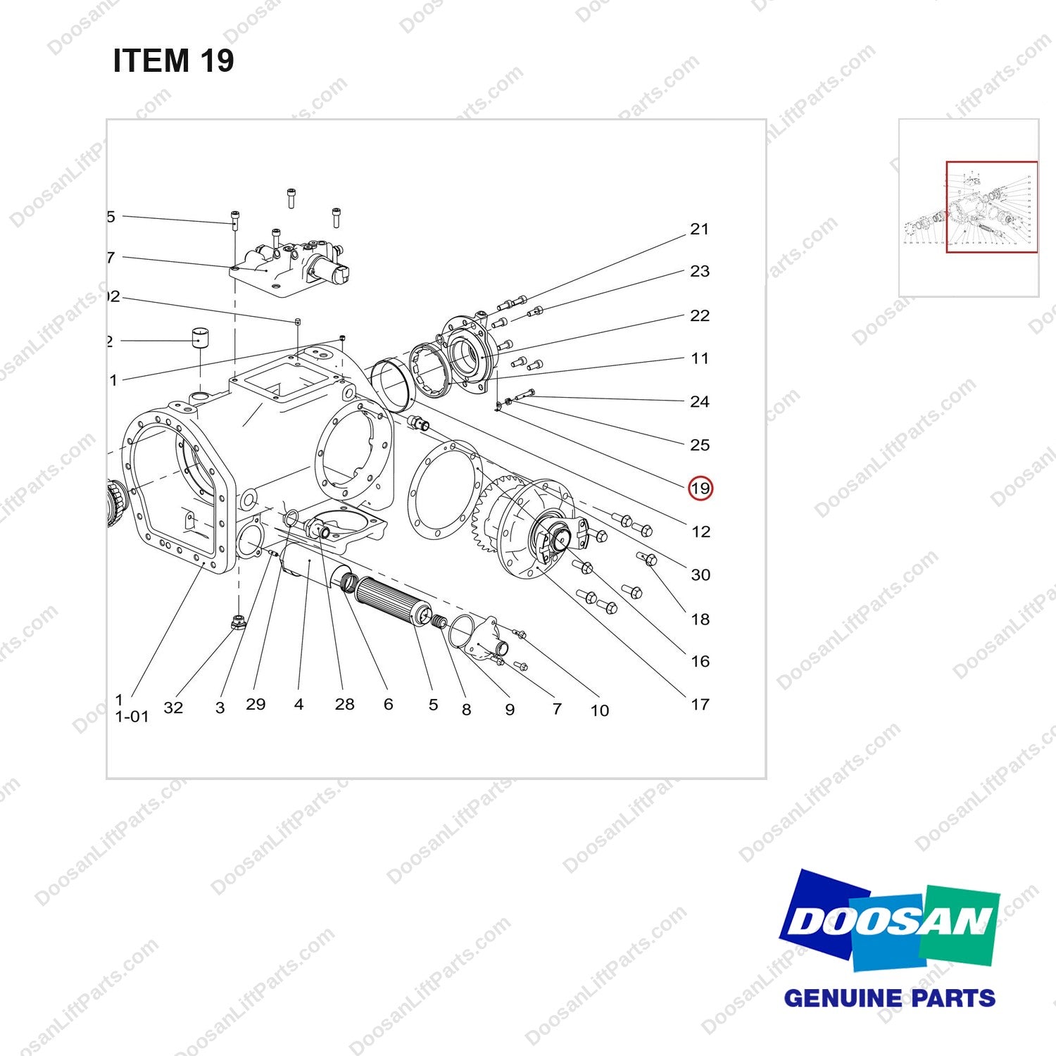 120808-01151 HOUSING ASSY;MIDDLE - parts diagram, item 19 shown - genuine Doosan / Bobcat forklift part
