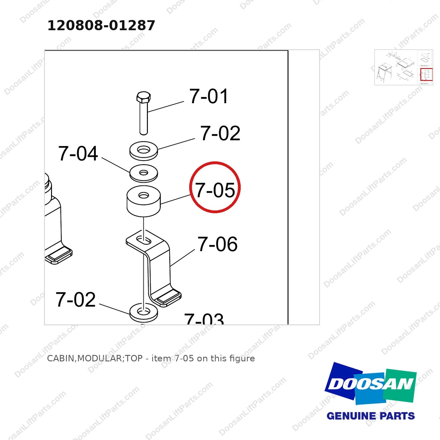 120808-01287 CABIN,MODULAR;TOP - parts diagram, item 7-05 shown - genuine Doosan / Bobcat forklift part